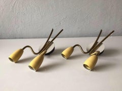 Sputnik Brass and Metal Pair of Sconces, Yellow, Grey Wall Lamps, 1950s, Italy