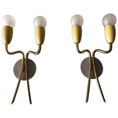 Sputnik Brass and Metal Pair of Sconces, Yellow, Grey Wall Lamps, 1950s, Italy