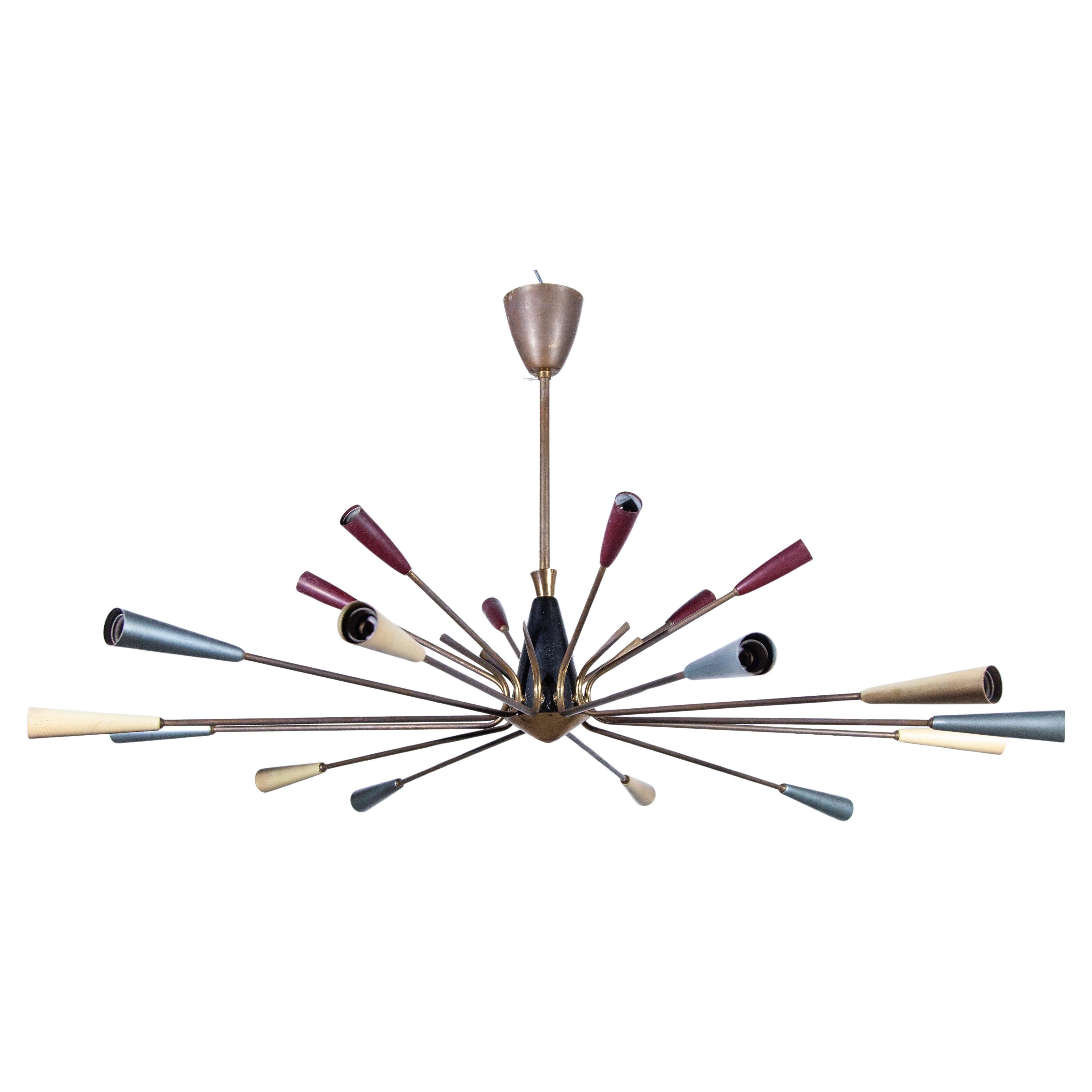Lustre Spoutnik, années 1950, 18 Lights Cones Multicolores