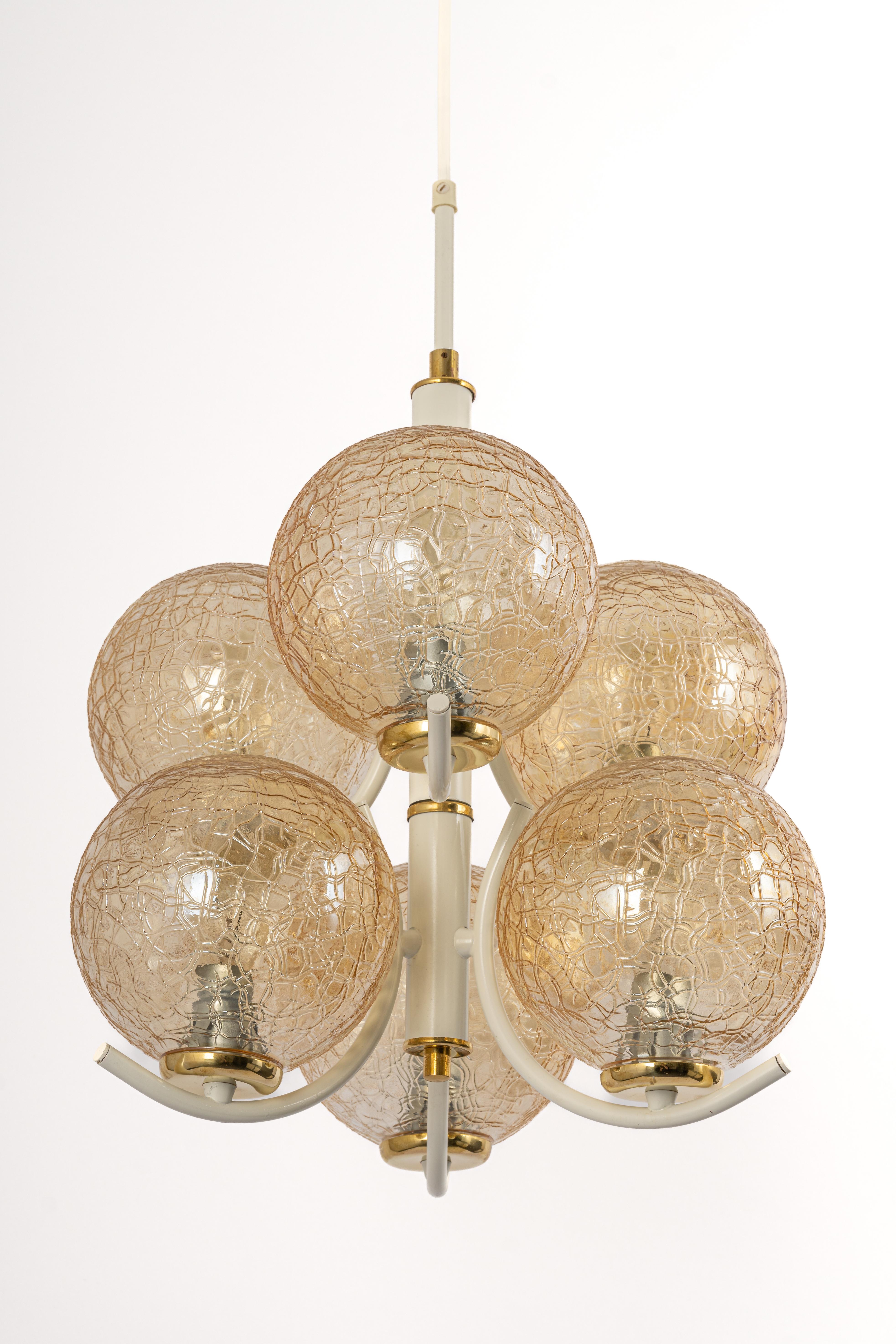 Stunning 6-arm Sputnik chandelier with 6 glass shades by Richard Essig, Germany, 1960s

It needs6 candelabra size bulbs up to 40 watts each.Light bulbs are not included. It is possible to install this fixture in all countries (US, UK, Europe,