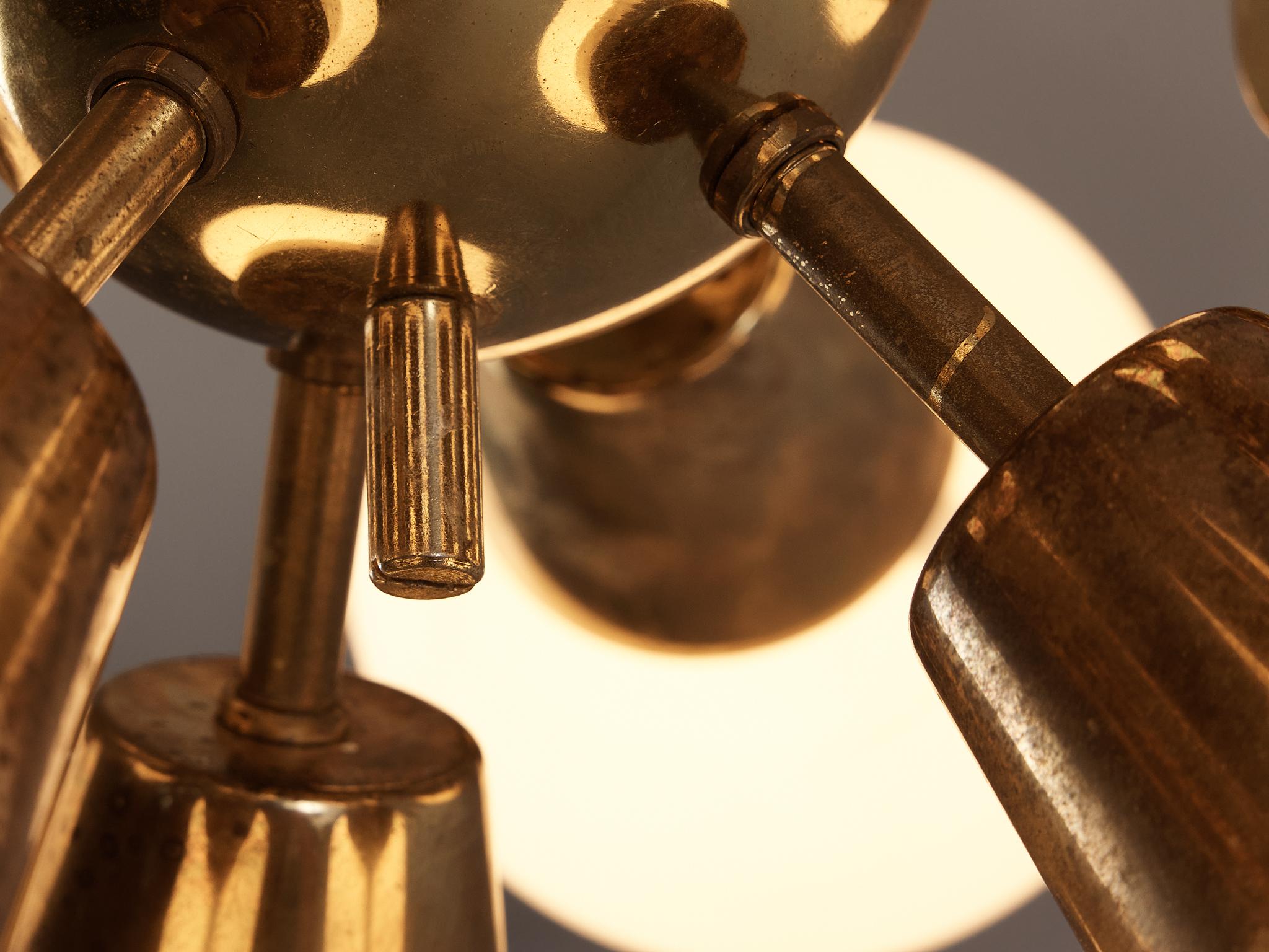 Post-Modern Sputnik Chandelier in Brass and Opaline Glass 