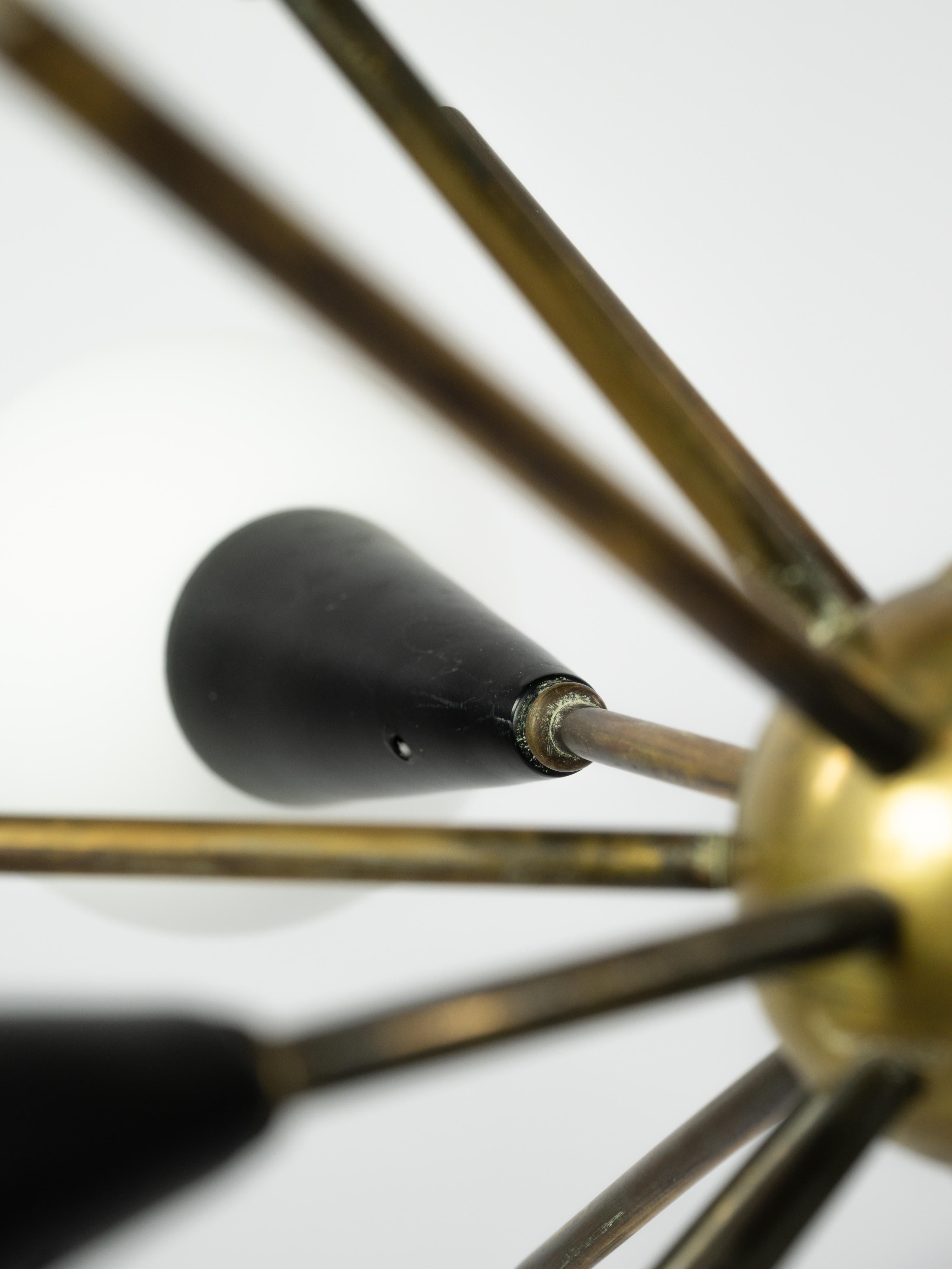 Sputnik chandelier in brass, lacquered black metal and opaline glass For Sale 3