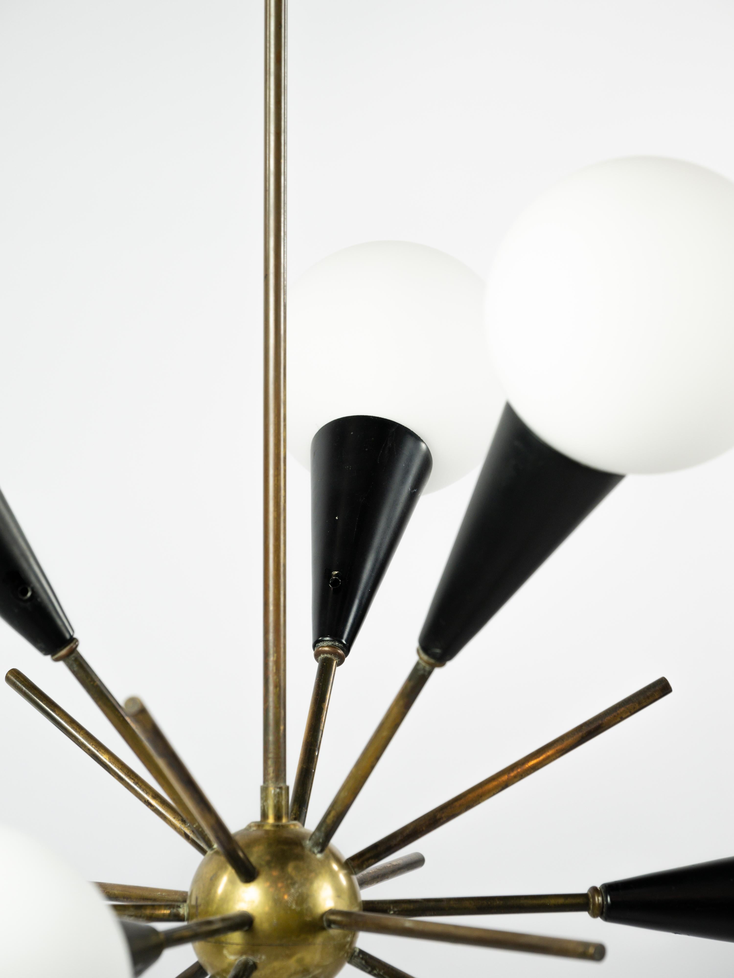 European Sputnik chandelier in brass, lacquered black metal and opaline glass For Sale