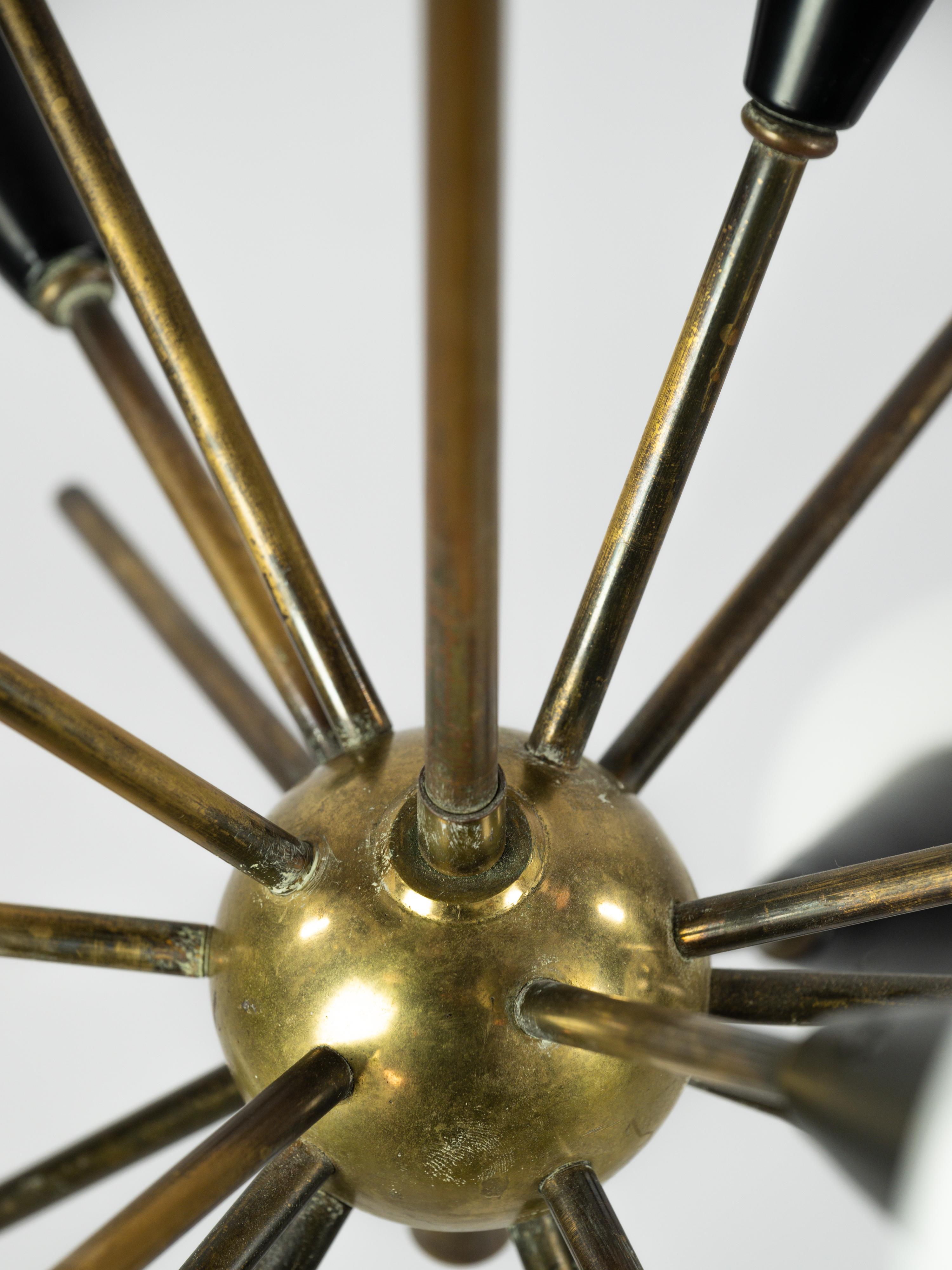 Metal Sputnik chandelier in brass, lacquered black metal and opaline glass For Sale