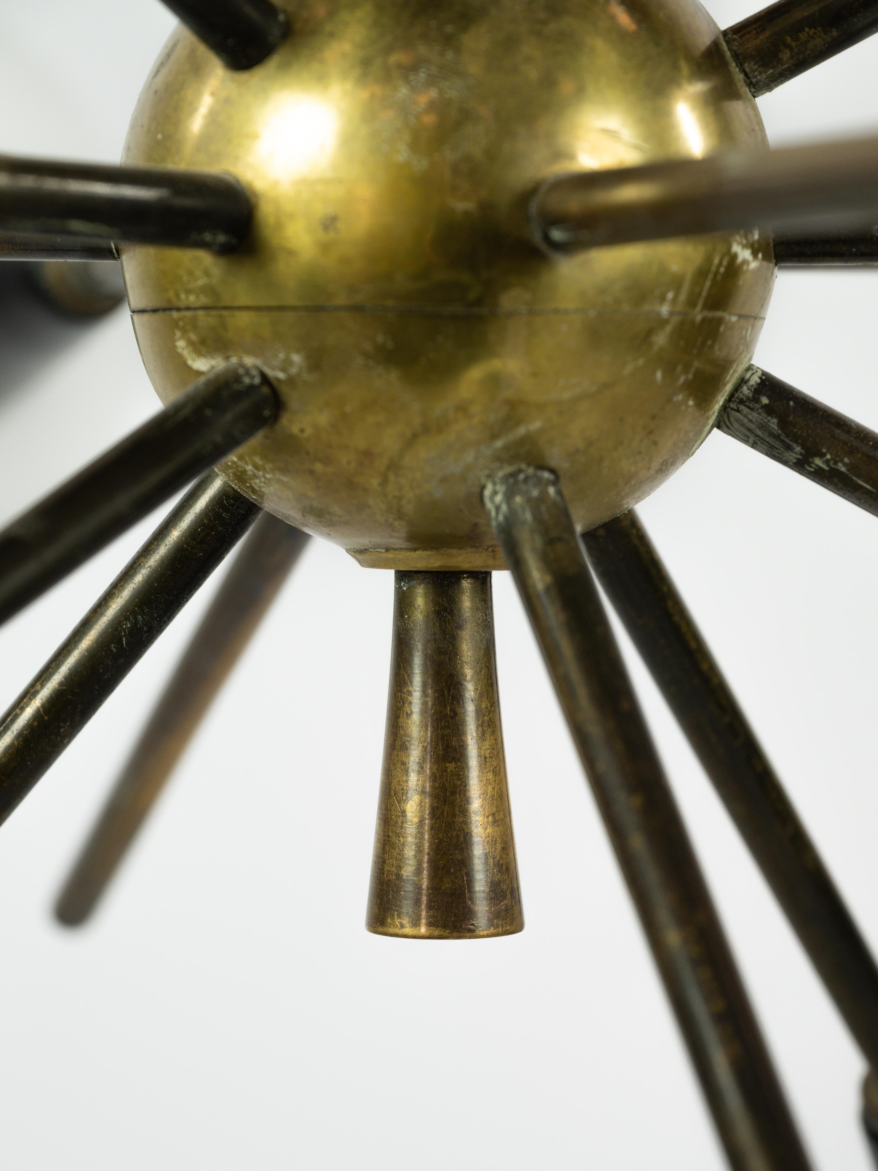 Sputnik chandelier in brass, lacquered black metal and opaline glass For Sale 1