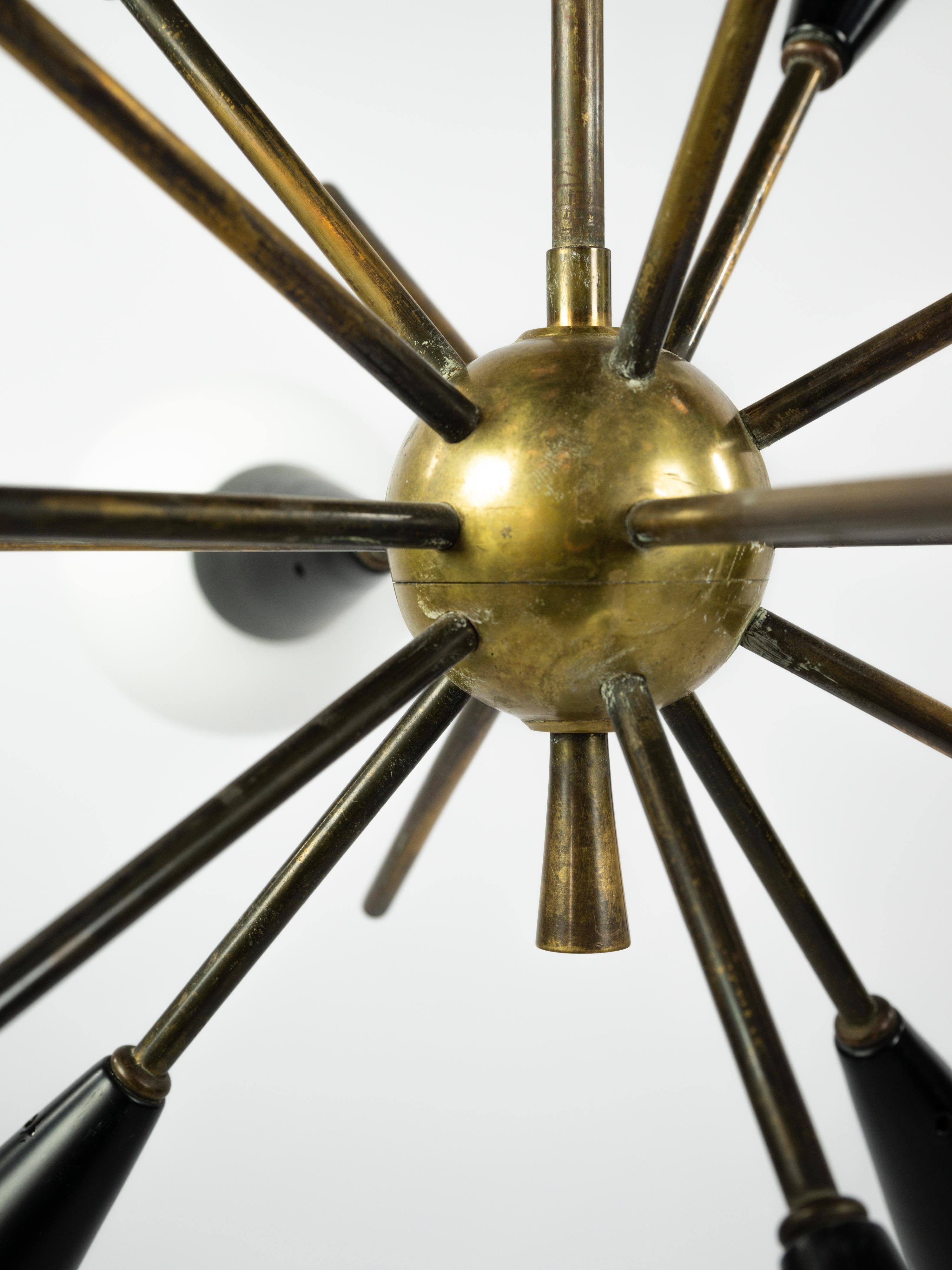 Sputnik chandelier in brass, lacquered black metal and opaline glass For Sale 2