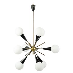 Sputnik chandelier in brass, lacquered black metal and opaline glass