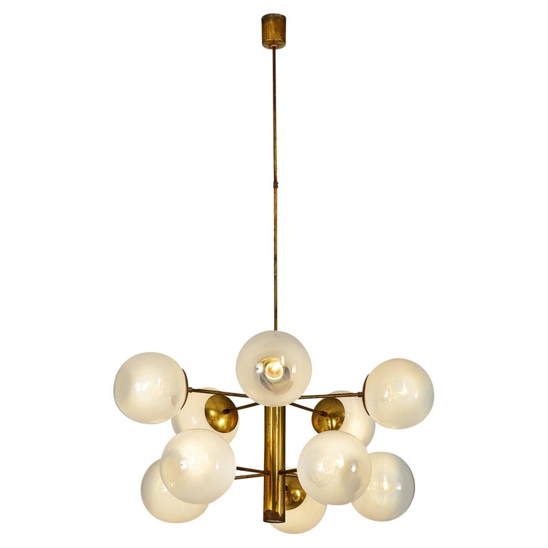 Lustre Suspension Vintage Spoutnik 6 Feux - Laiton Et Globes En Verre Moulé