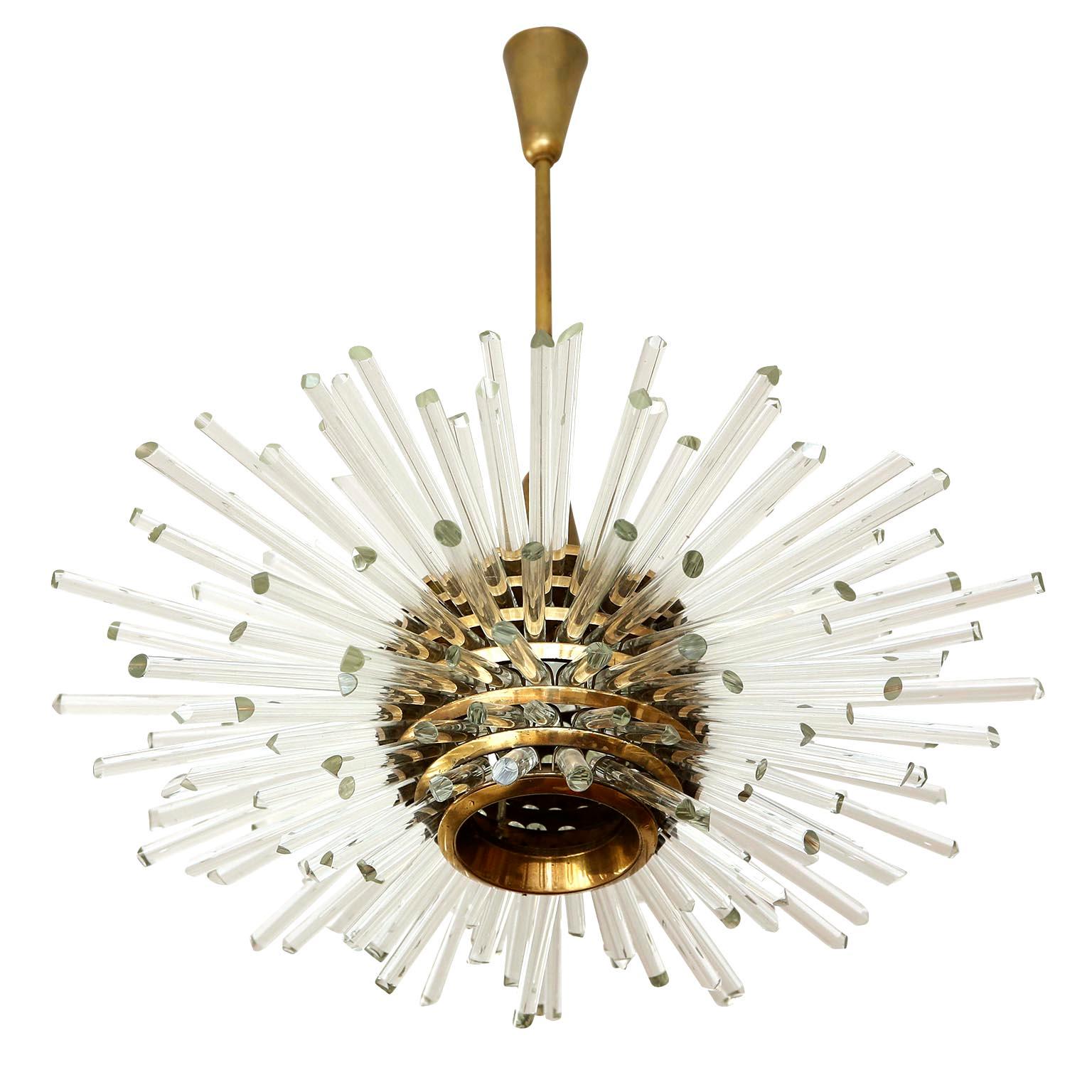 Mid-Century Modern Sputnik Chandelier 'Miracle', Brass Glass Rods, Bakalowits, 1960s For Sale