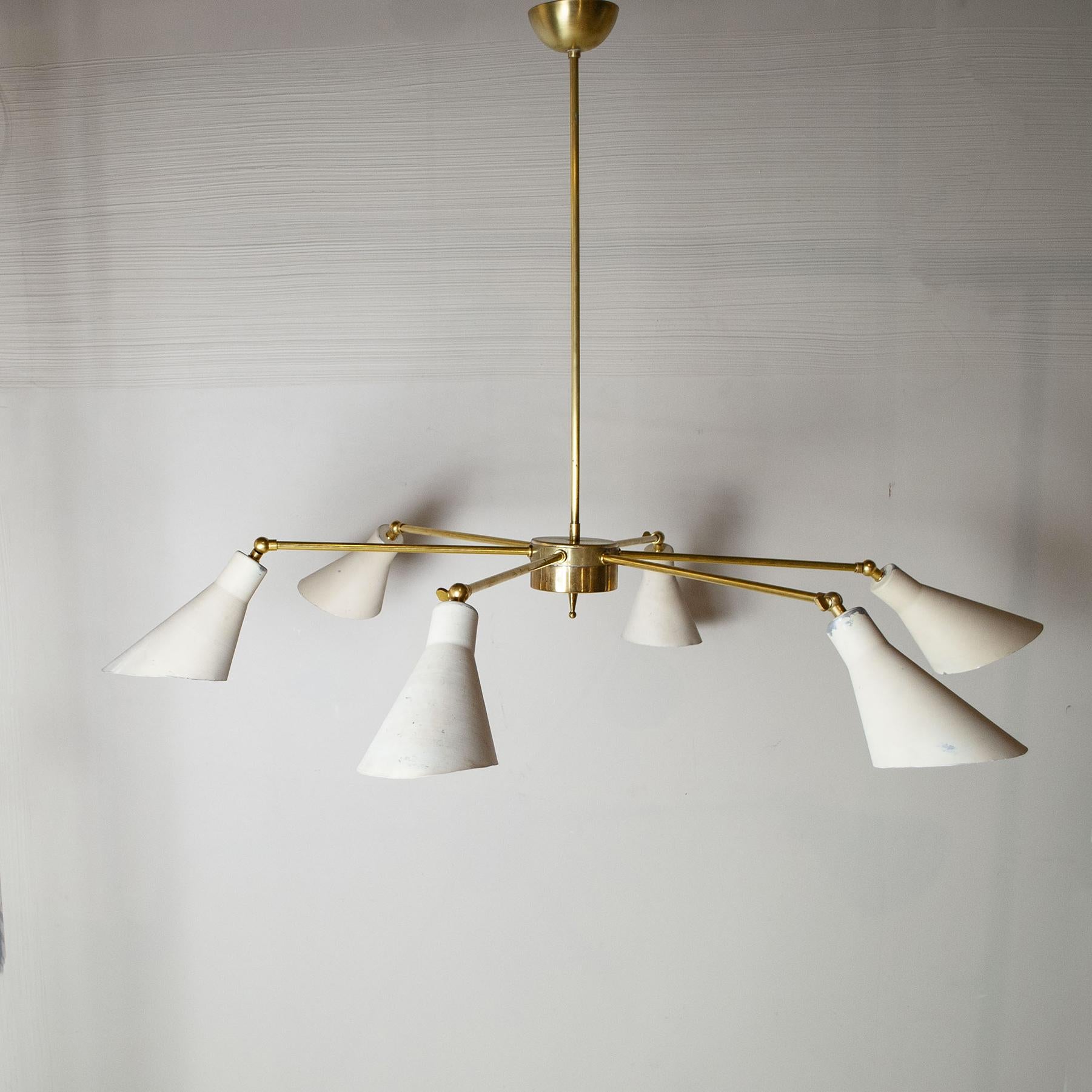 Six-light chandelier with aluminum diffusers and brass frame, the style and shape are reminiscent of stilnovo models, a unique piece from the 1950s, the production is undoubtedly Italian.