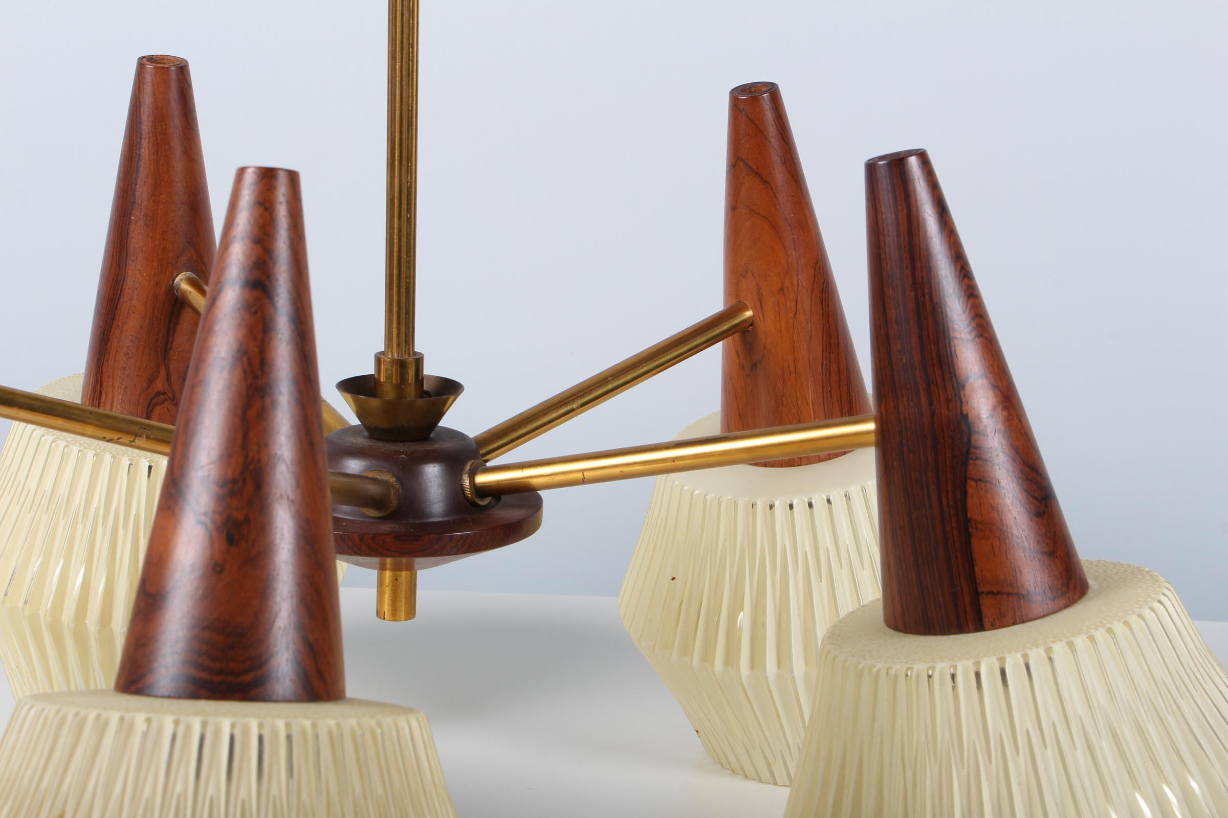 Danish Sputnik Chandelier with Five Light Sources, Glass, Brass & Rosewood, 1960s Lyfa