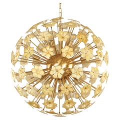 Sputnik Chandelier with Iridescent Murano Glass Flowers and Brass Frame