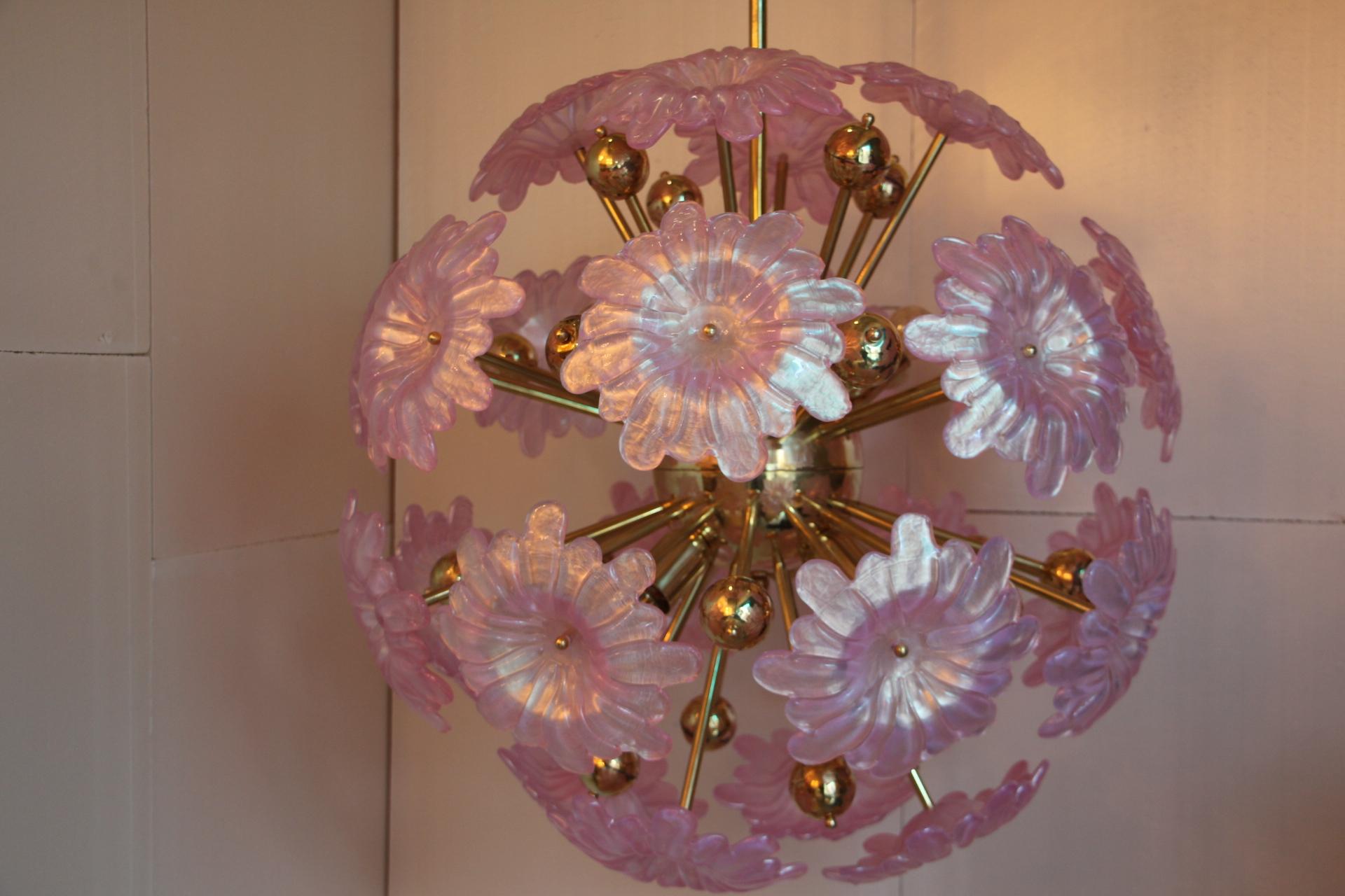 Sputnik Chandelier with Murano Glass Pink Flowers 7