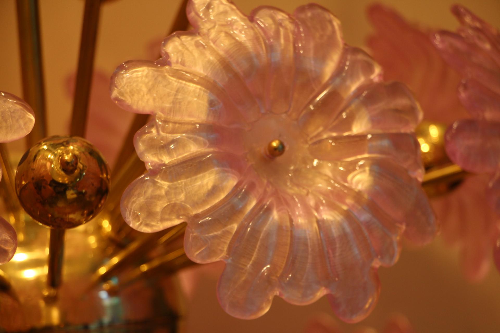 Mid-Century Modern Sputnik Chandelier with Murano Glass Pink Flowers