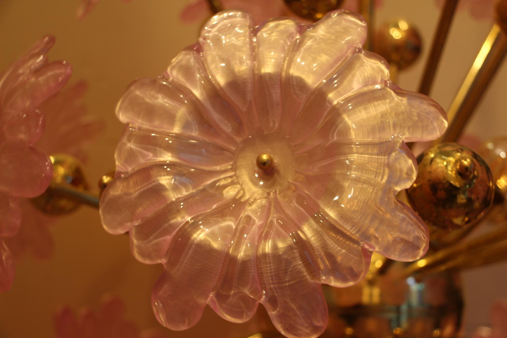 Brass Sputnik Chandelier with Murano Glass Pink Flowers