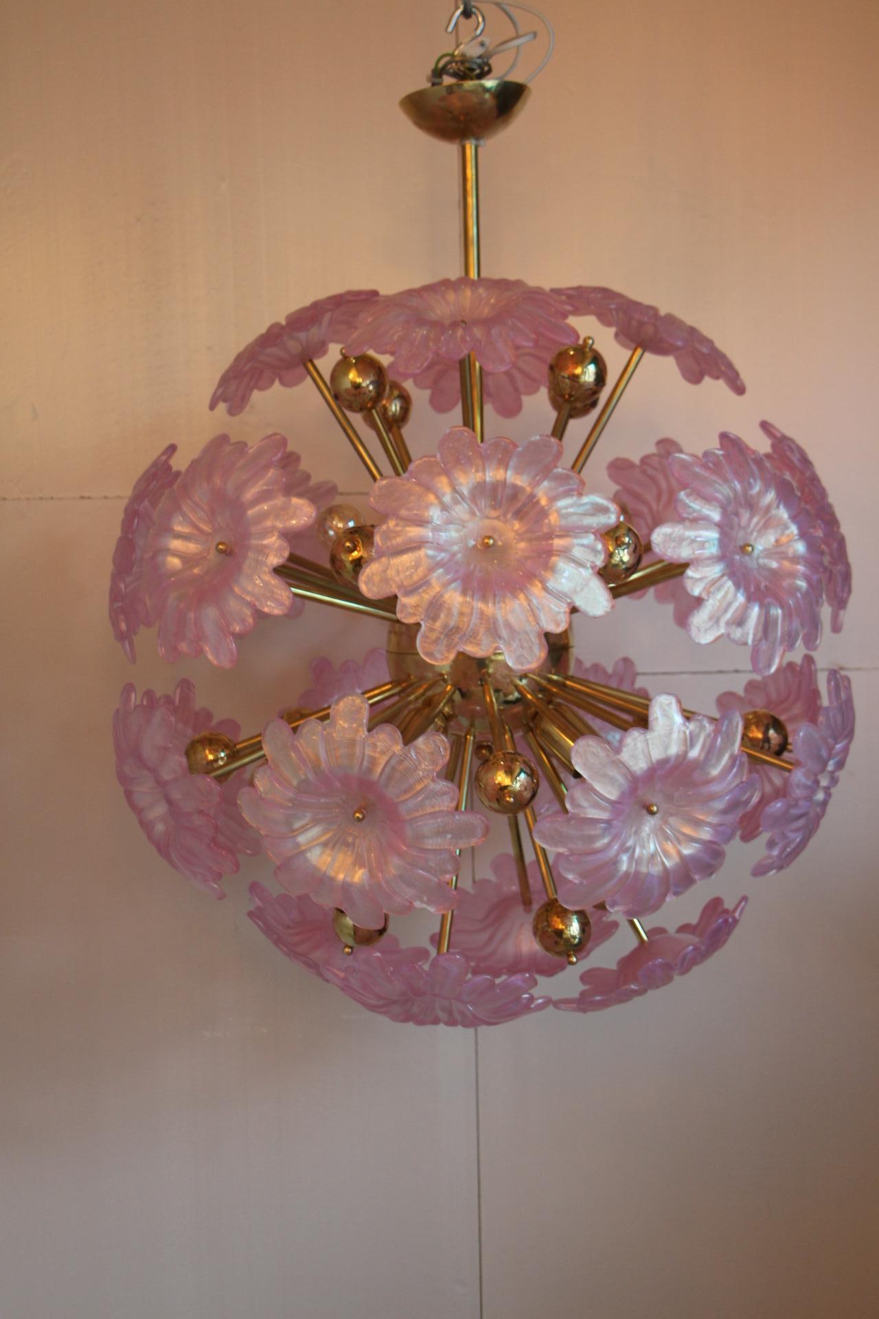 Sputnik Chandelier with Murano Glass Pink Flowers 1