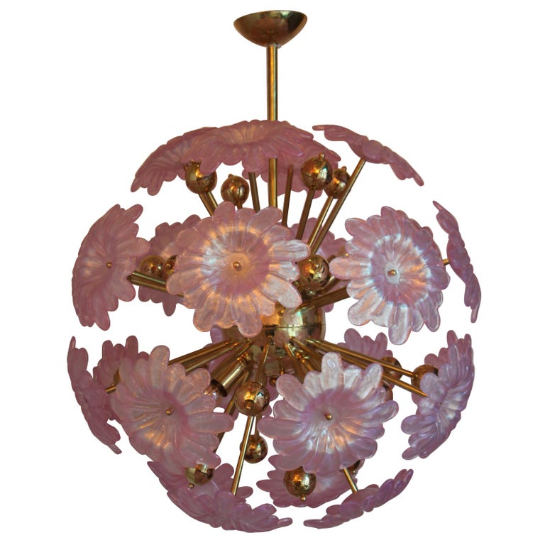 Sputnik Chandelier with Murano Glass Pink Flowers at 1stDibs