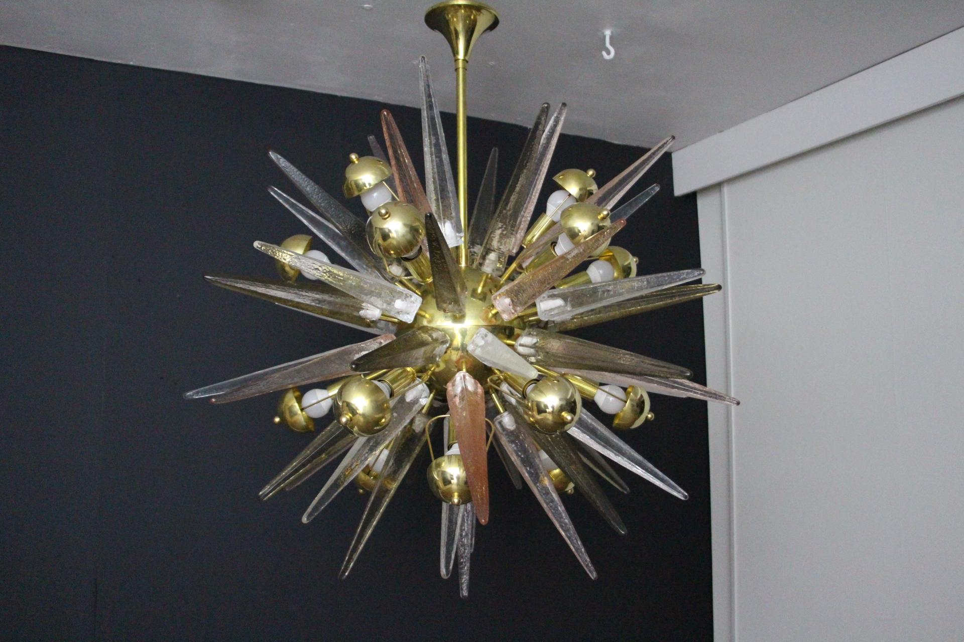 Italian Sputnik Chandelier with Pink, Smoke and Clear Crystal Murano Glass Spikes For Sale