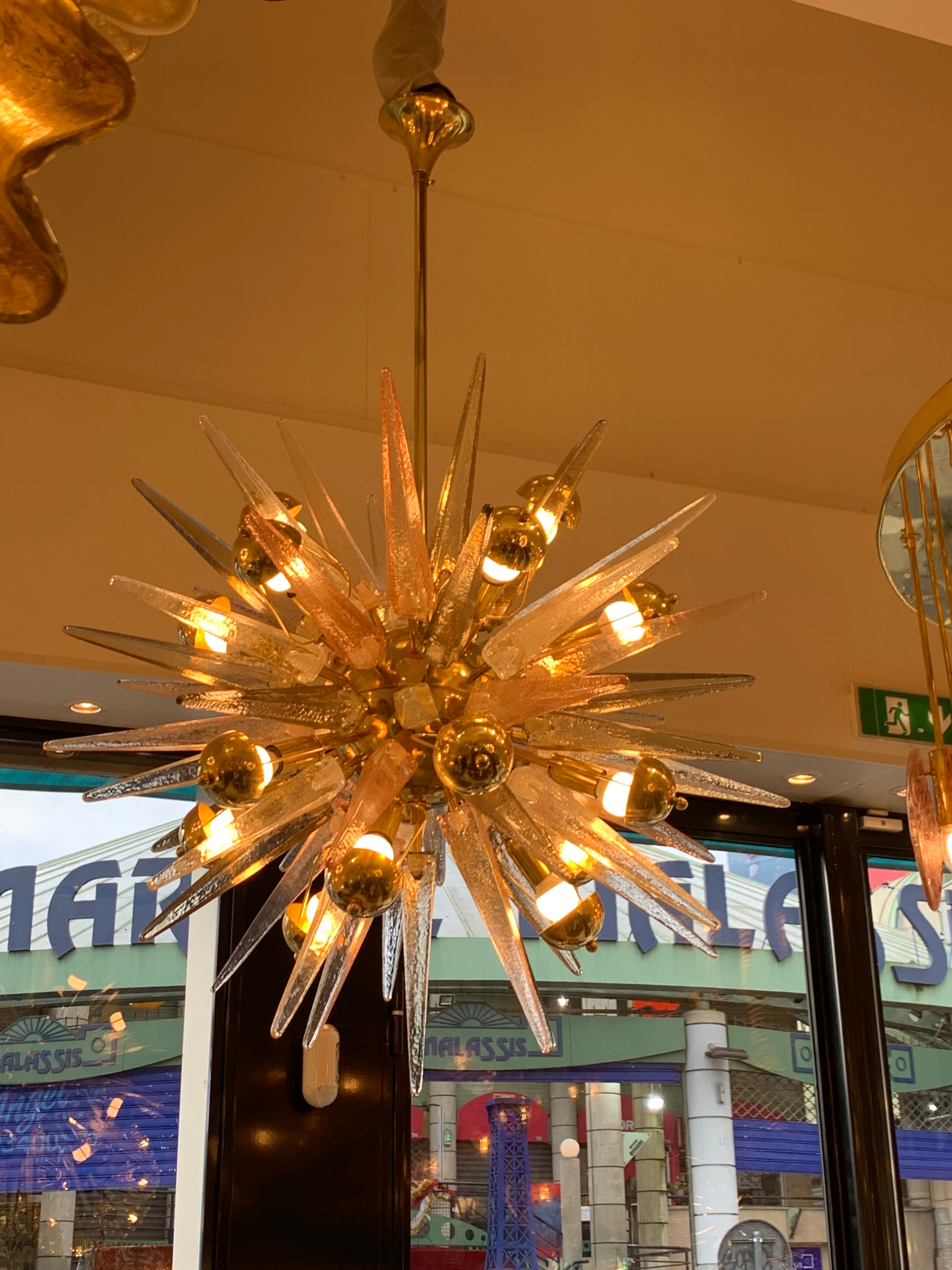 Sputnik Chandelier with Pink, Smoke and Clear Crystal Murano Glass Spikes