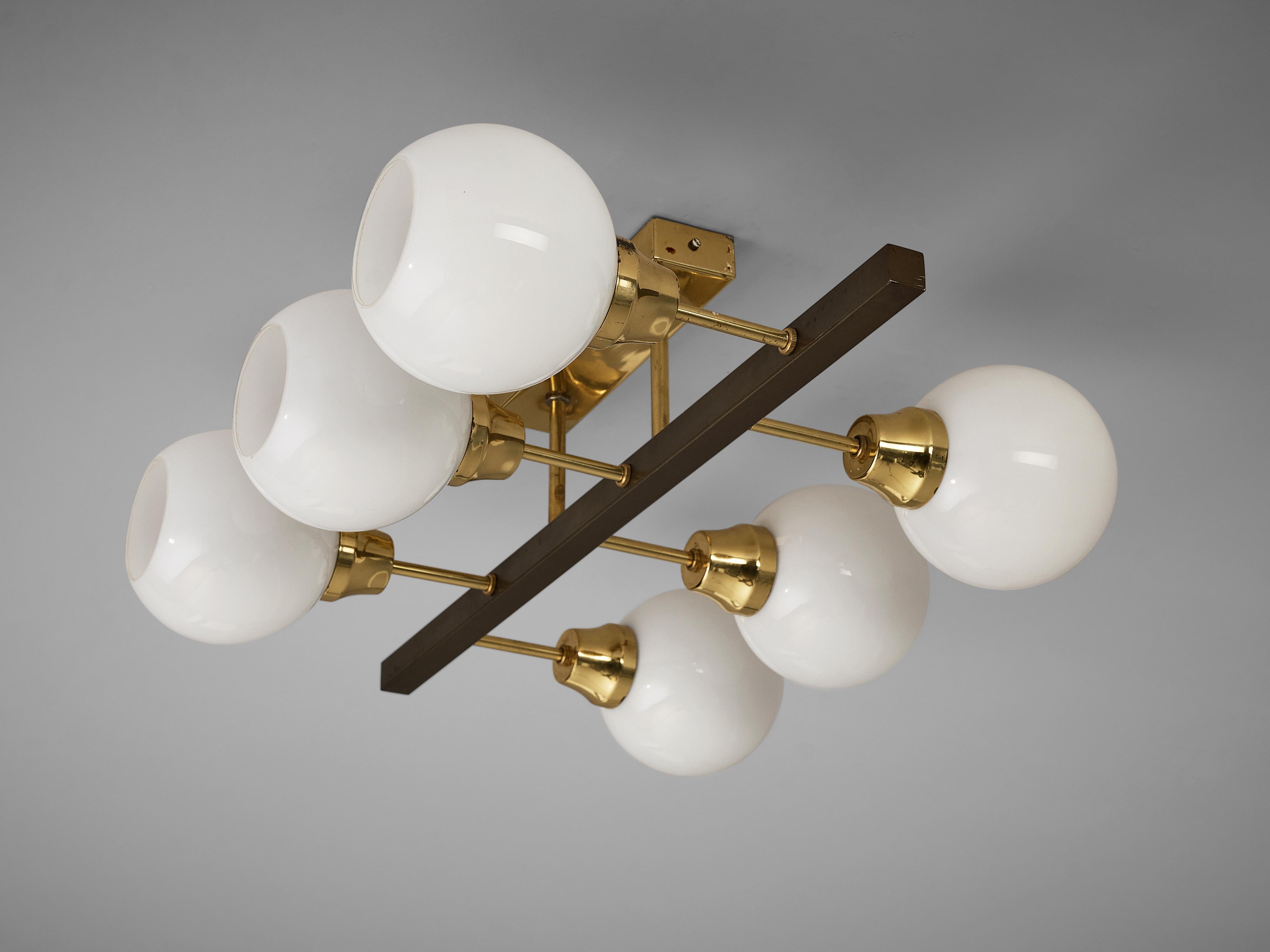 Sputnik Chandelier with Six Opaline Glass Globes and Brass 6