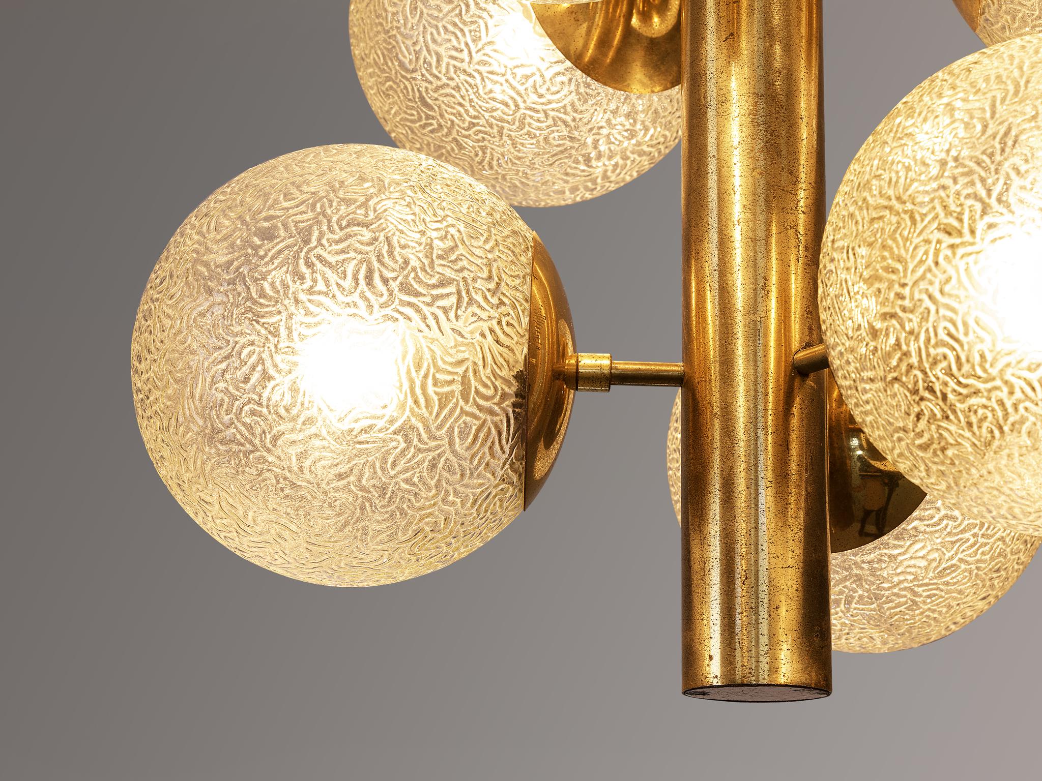 Post-Modern Sputnik Chandelier with Six Textured Glass Globes and Brass  For Sale