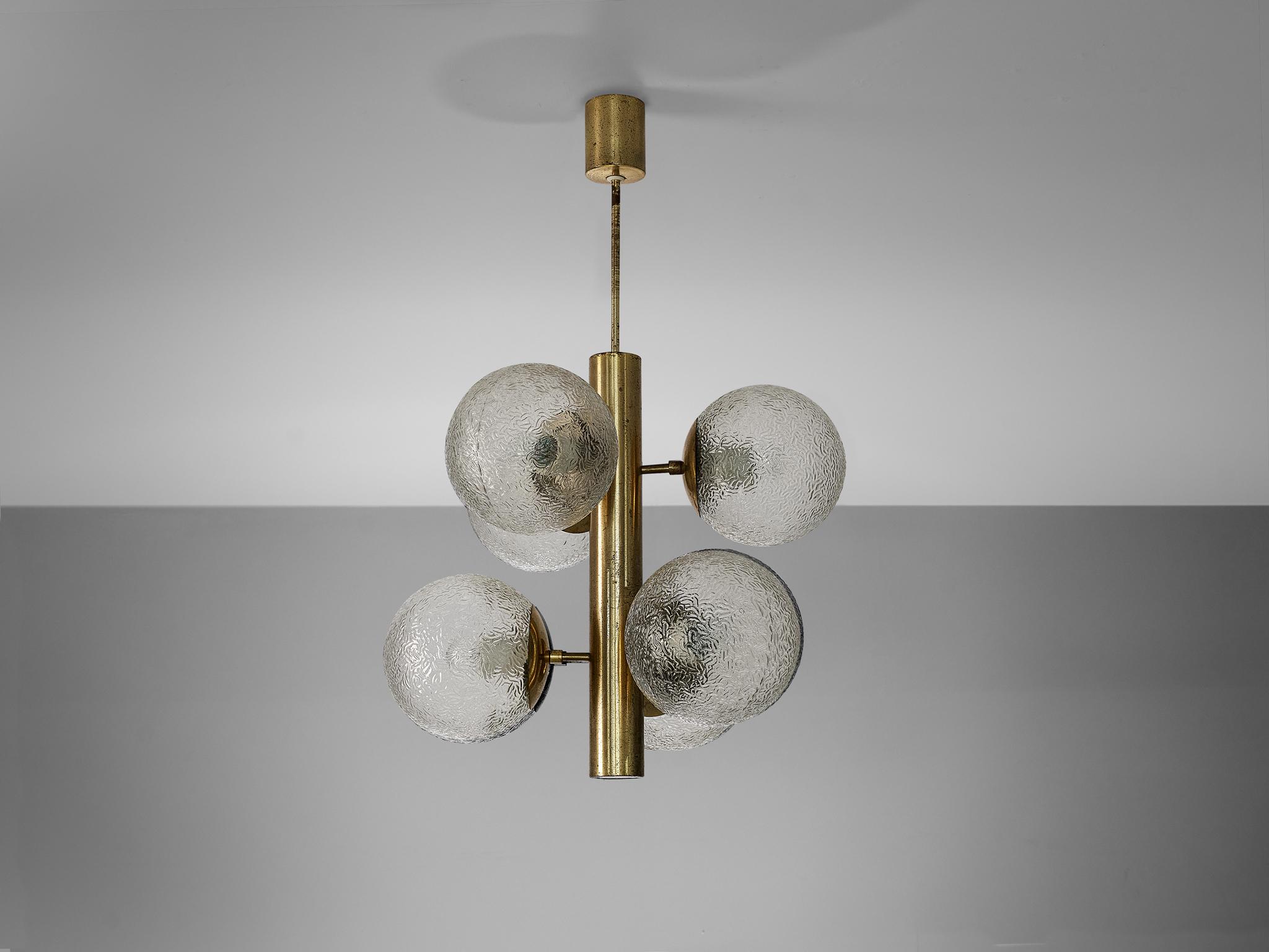 Late 20th Century Sputnik Chandelier with Six Textured Glass Globes and Brass  For Sale