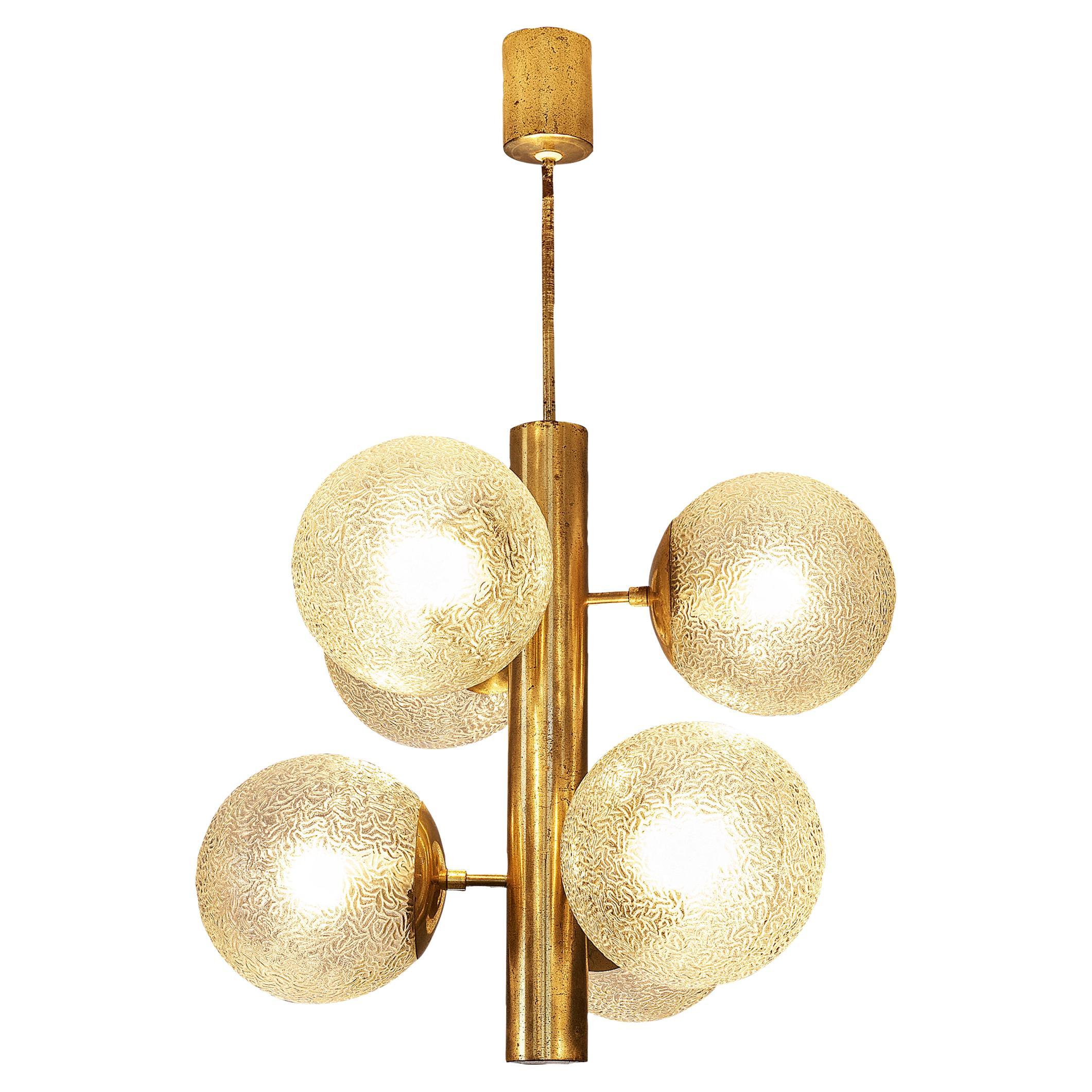 Sputnik Chandelier with Six Textured Glass Globes and Brass