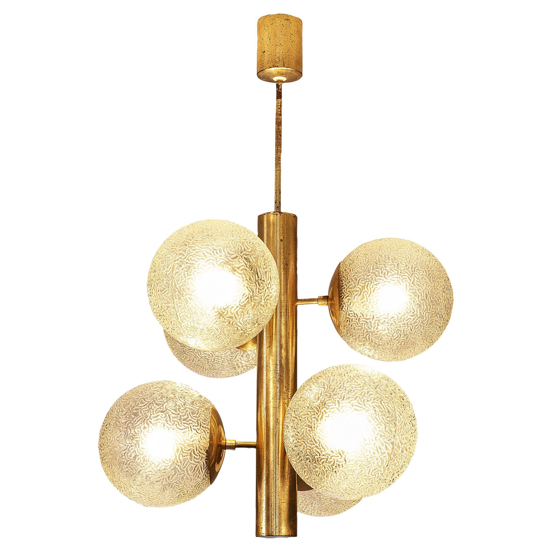 Sputnik Chandelier with Six Textured Glass Globes and Brass  For Sale