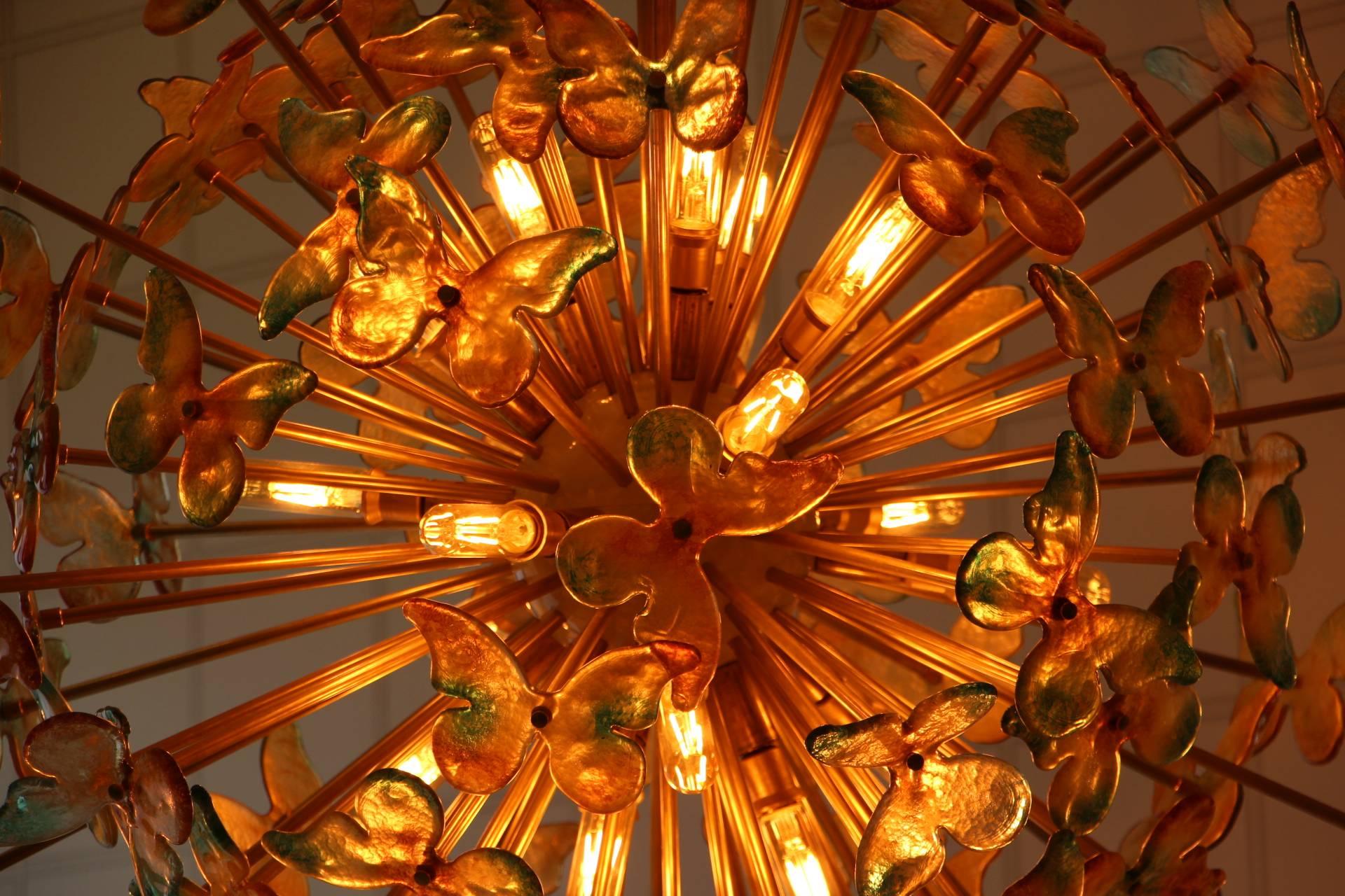 Sputnik Chandelier with Yellow and Green Glass Butterflies 3