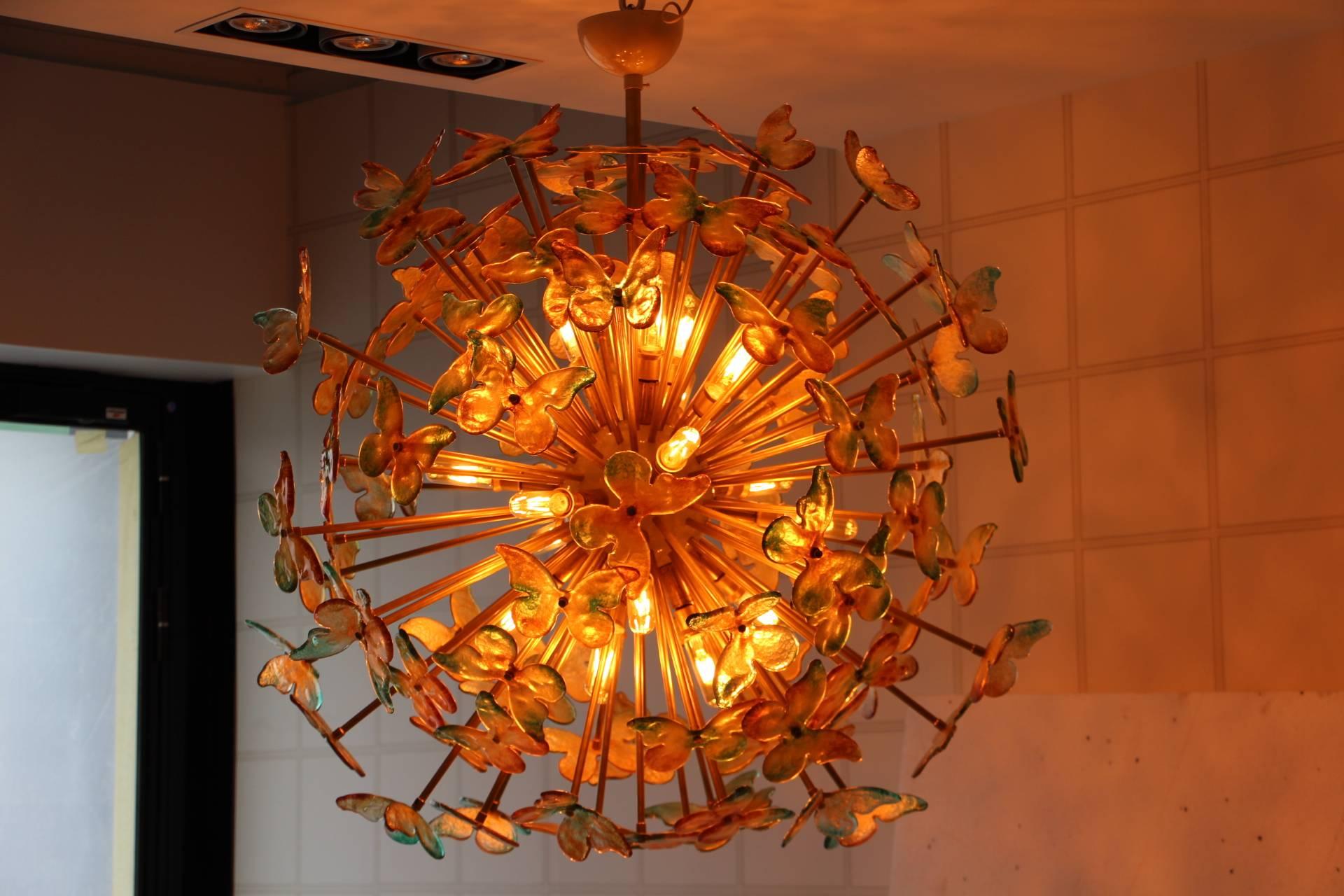 Sputnik Chandelier with Yellow and Green Glass Butterflies 5