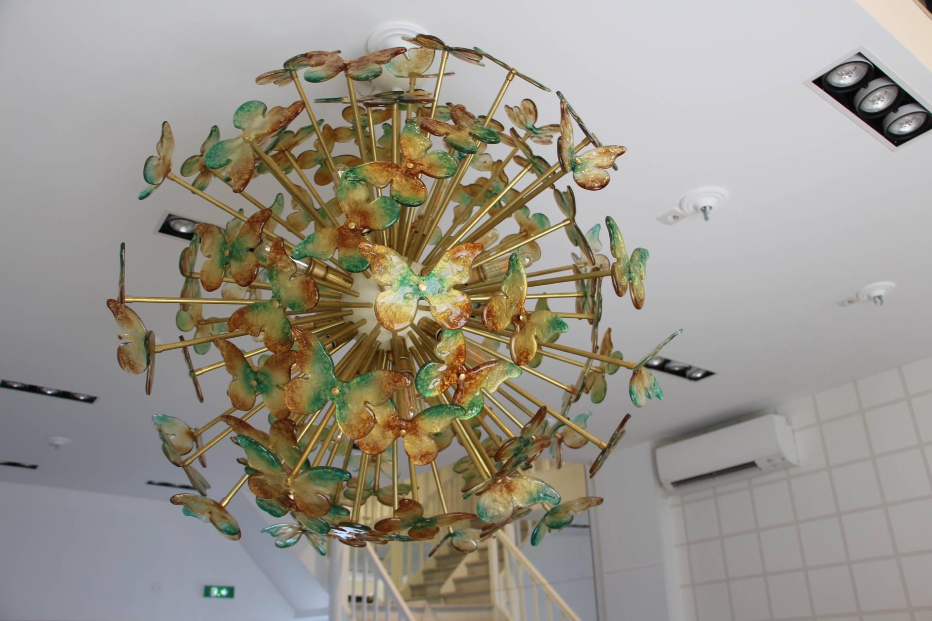 Italian Sputnik Chandelier with Yellow and Green Glass Butterflies