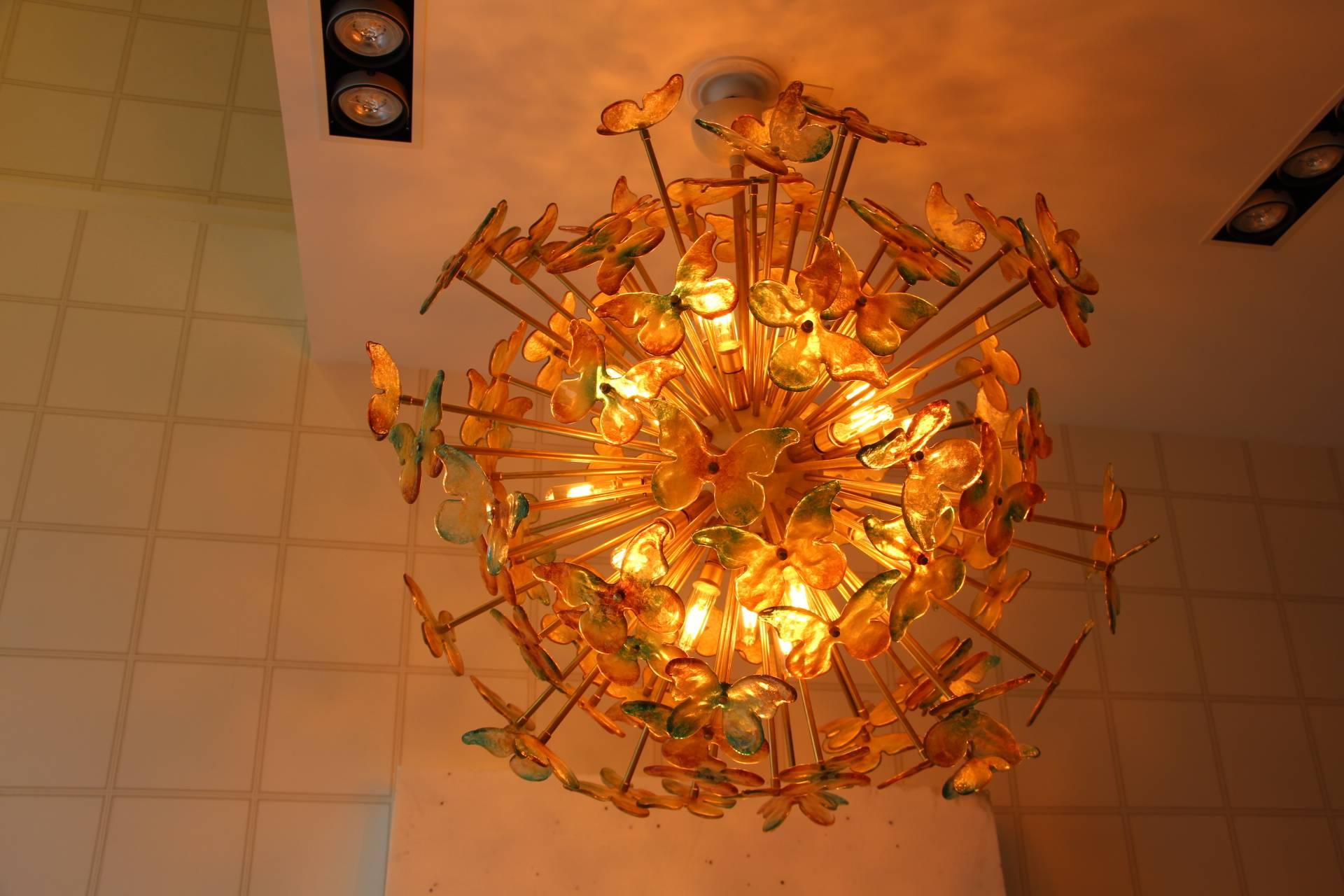 Sputnik Chandelier with Yellow and Green Glass Butterflies 1