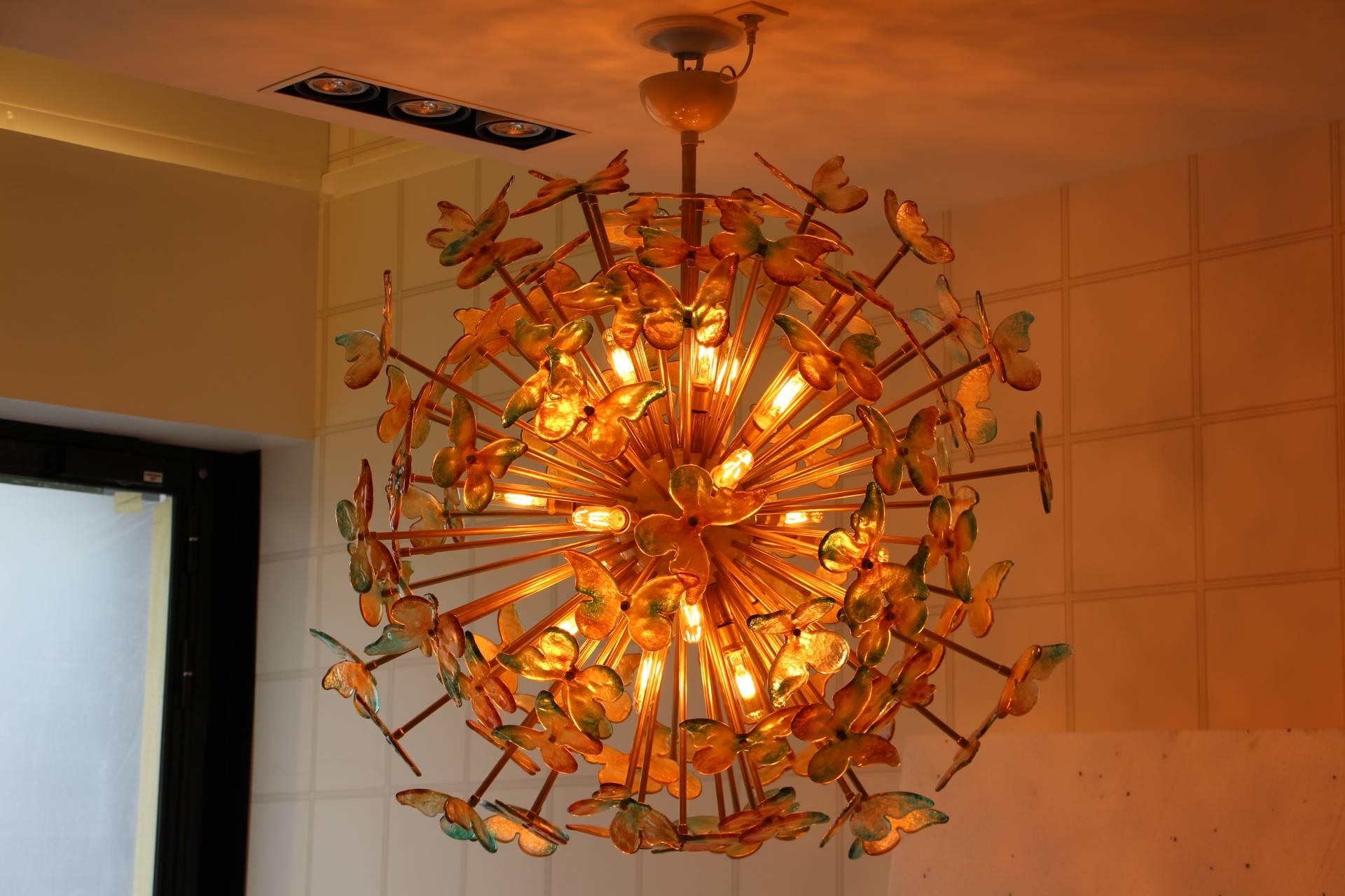 Sputnik Chandelier with Yellow and Green Glass Butterflies 2