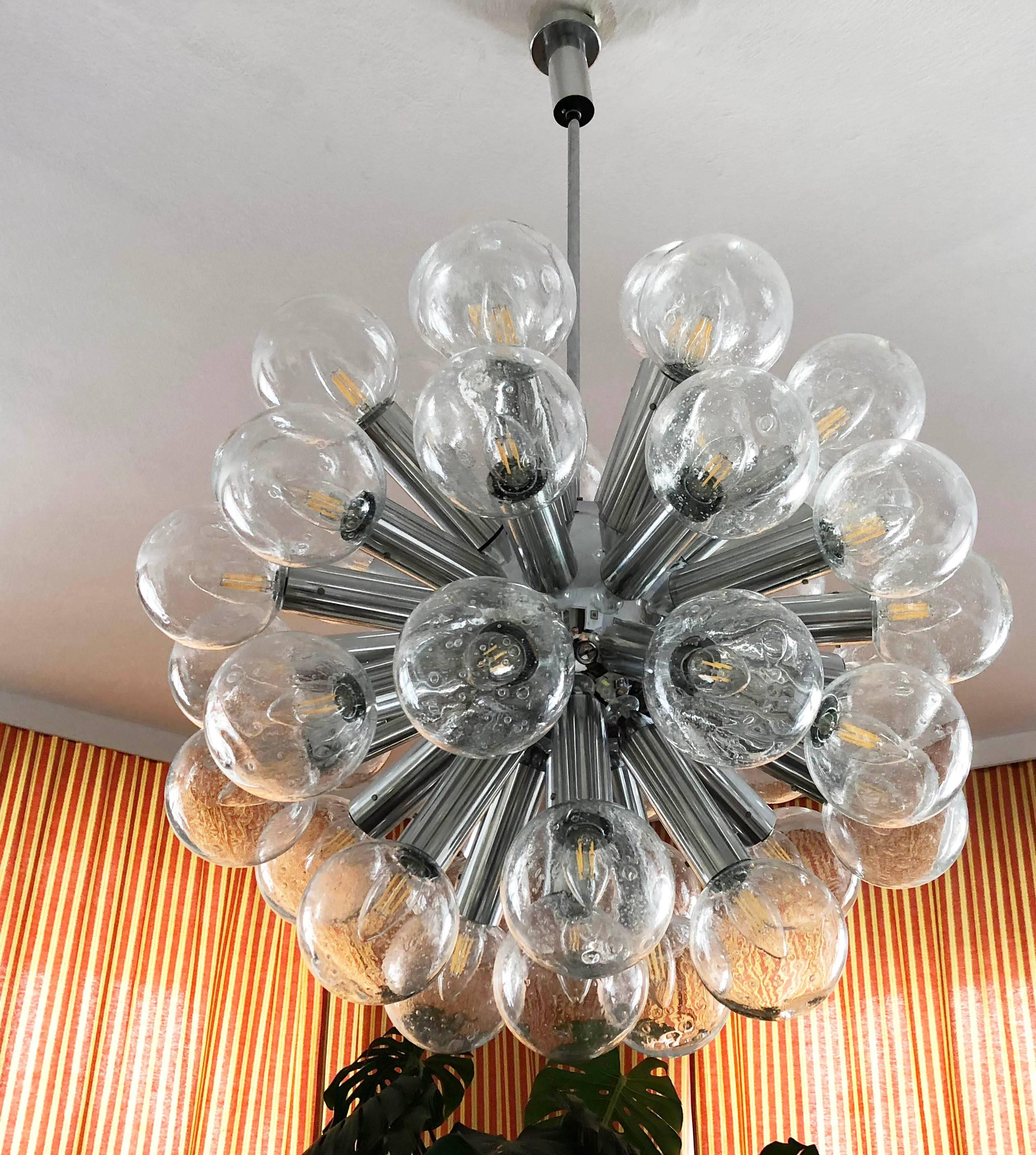 Beautiful chandelier made of anodized aluminum with 43 arms and handblown glass shades, each fitted with E14 sockets. Made by. J.T. Kalmar in the 1970s.