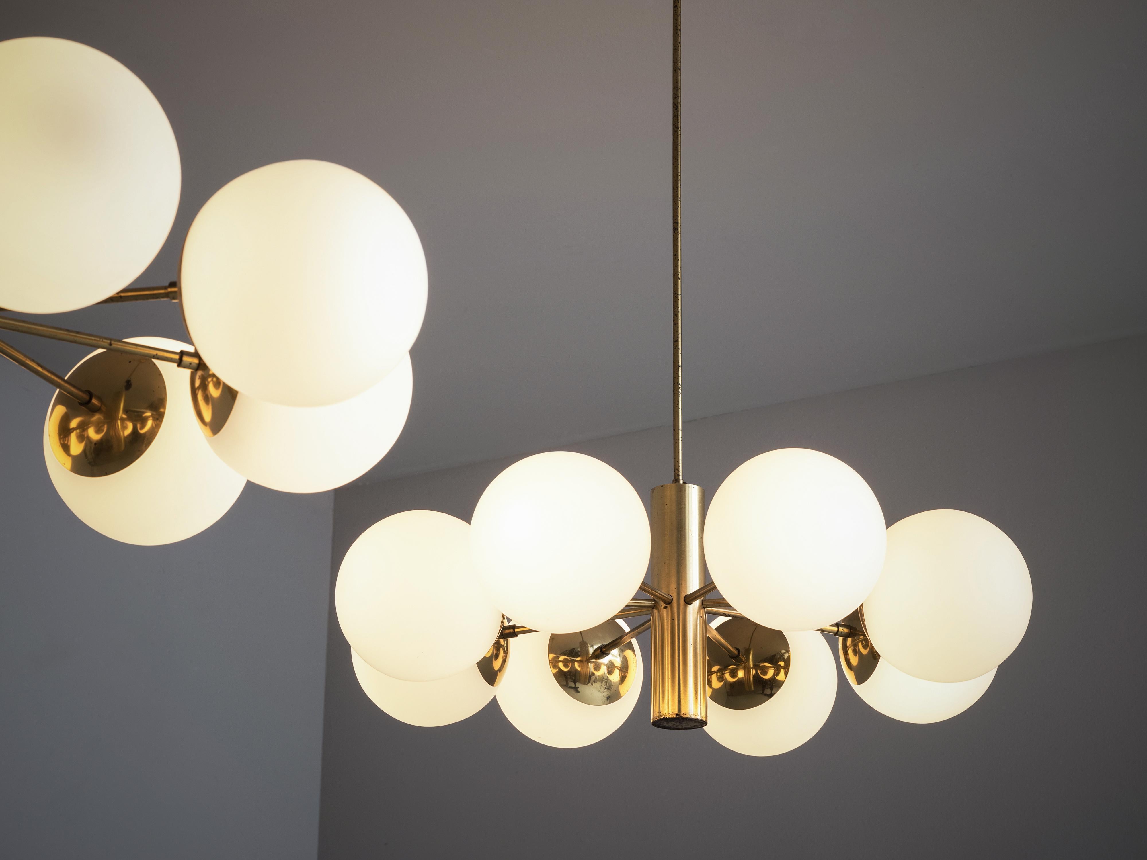 Late 20th Century Sputnik Chandeliers in Brass and Opaline Glass Spheres