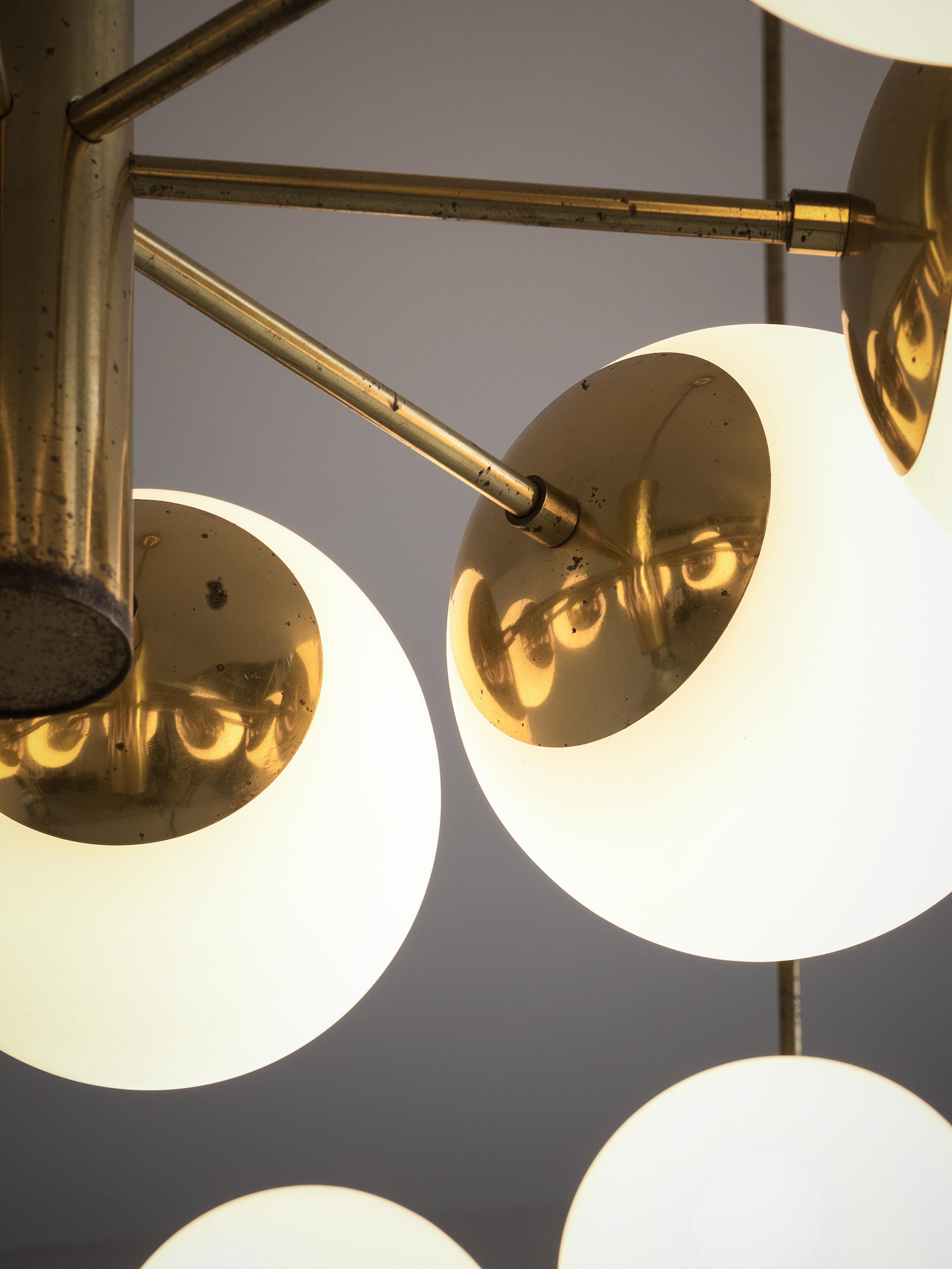 Metal Sputnik Chandeliers in Brass and Opaline Glass Spheres