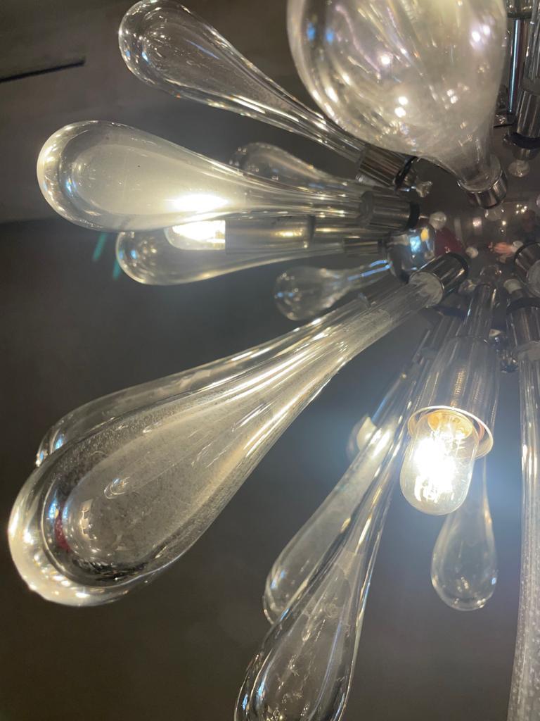 Mid-Century Modern Sputnik Chromed Steel Submerged Murano Glass Oblong Bulbs Chandelier Italy 1970s