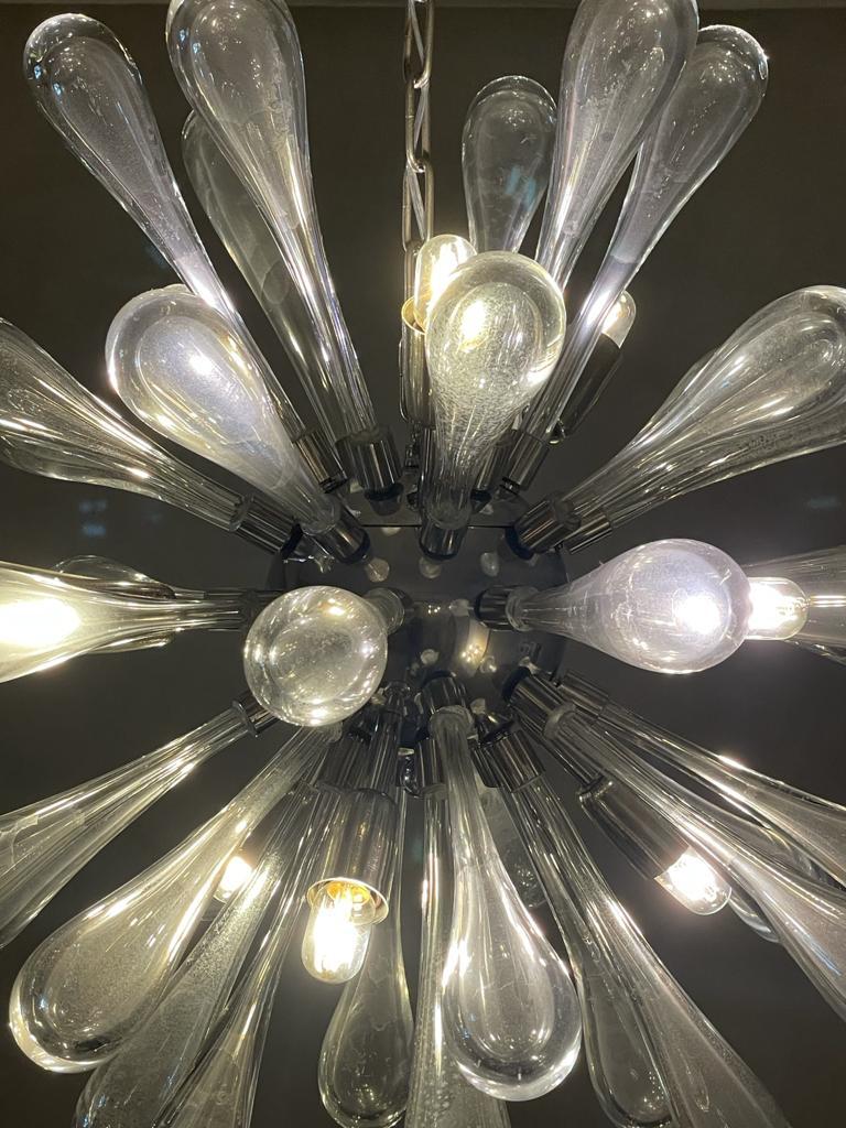 Italian Sputnik Chromed Steel Submerged Murano Glass Oblong Bulbs Chandelier Italy 1970s