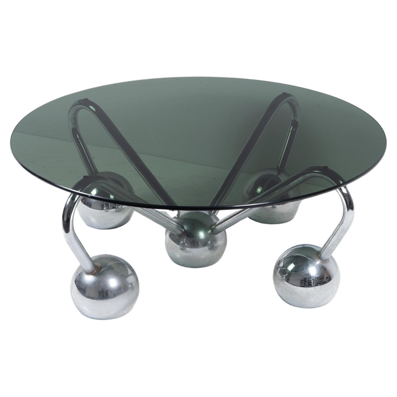 Mesa de centro Sputnik de metal cromado y cristal ahumado