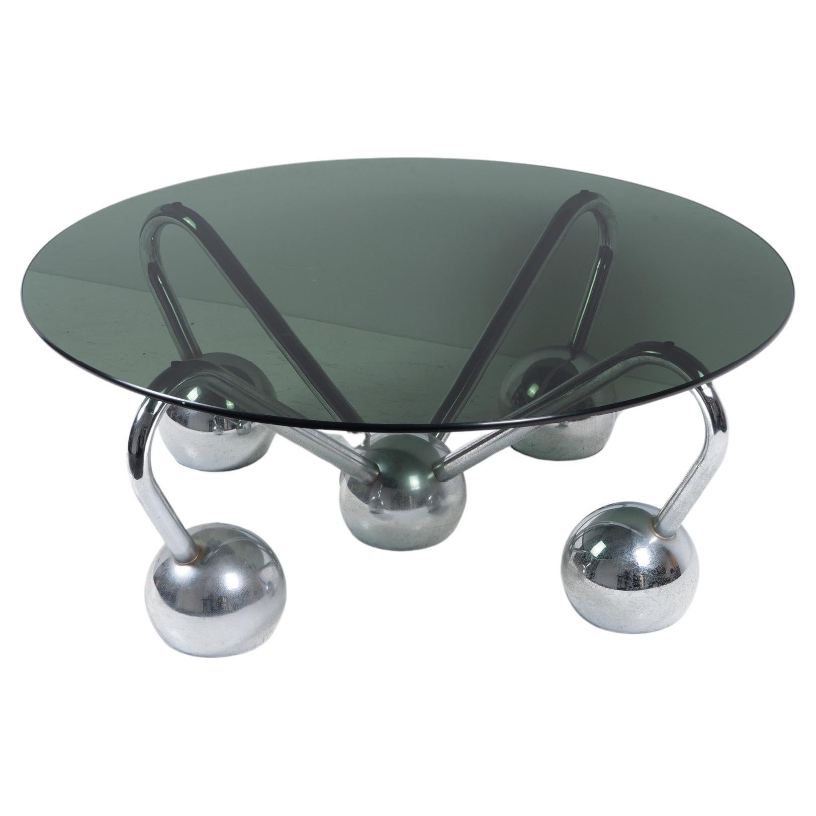 Table basse Sputnik en métal chromé et verre fumé en vente