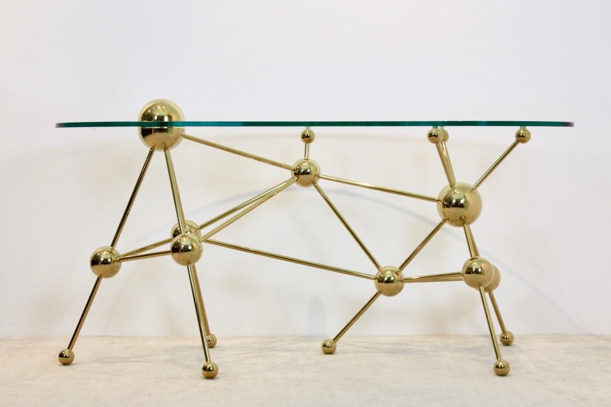 Hollywood Regency Sputnik Desk or Table with Brass Legs and Glass Top