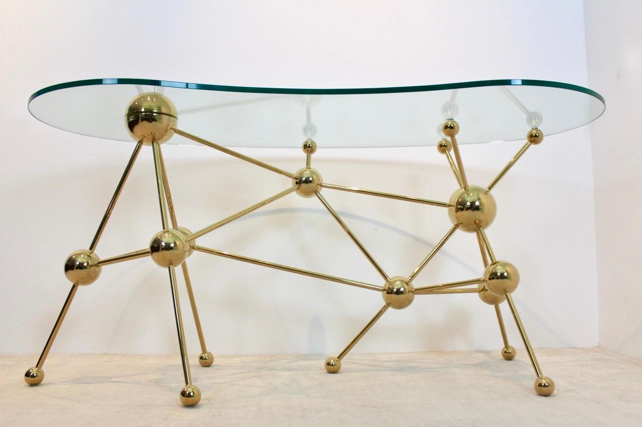 German Sputnik Desk or Table with Brass Legs and Glass Top