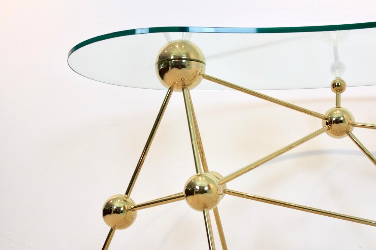 Sputnik Desk or Table with Brass Legs and Glass Top In Good Condition In Voorburg, NL