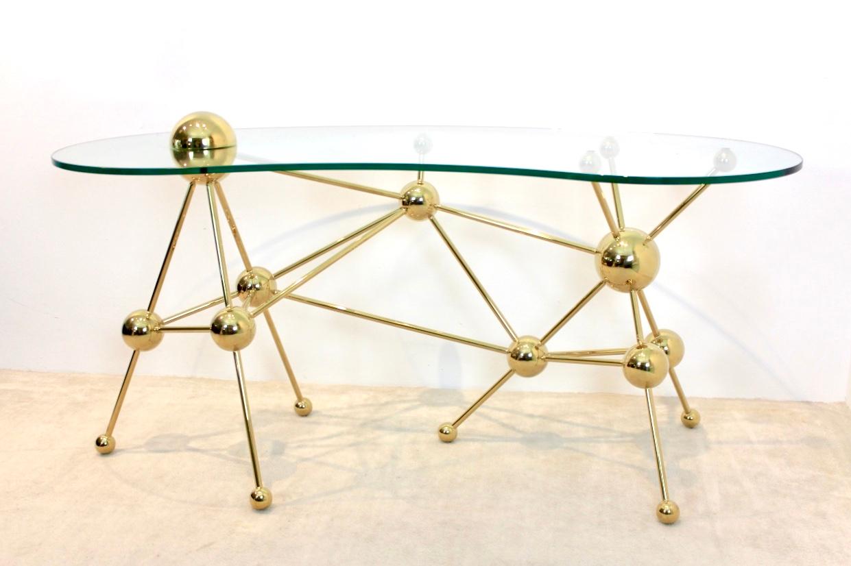Late 20th Century Sputnik Desk or Table with Brass Legs and Glass Top