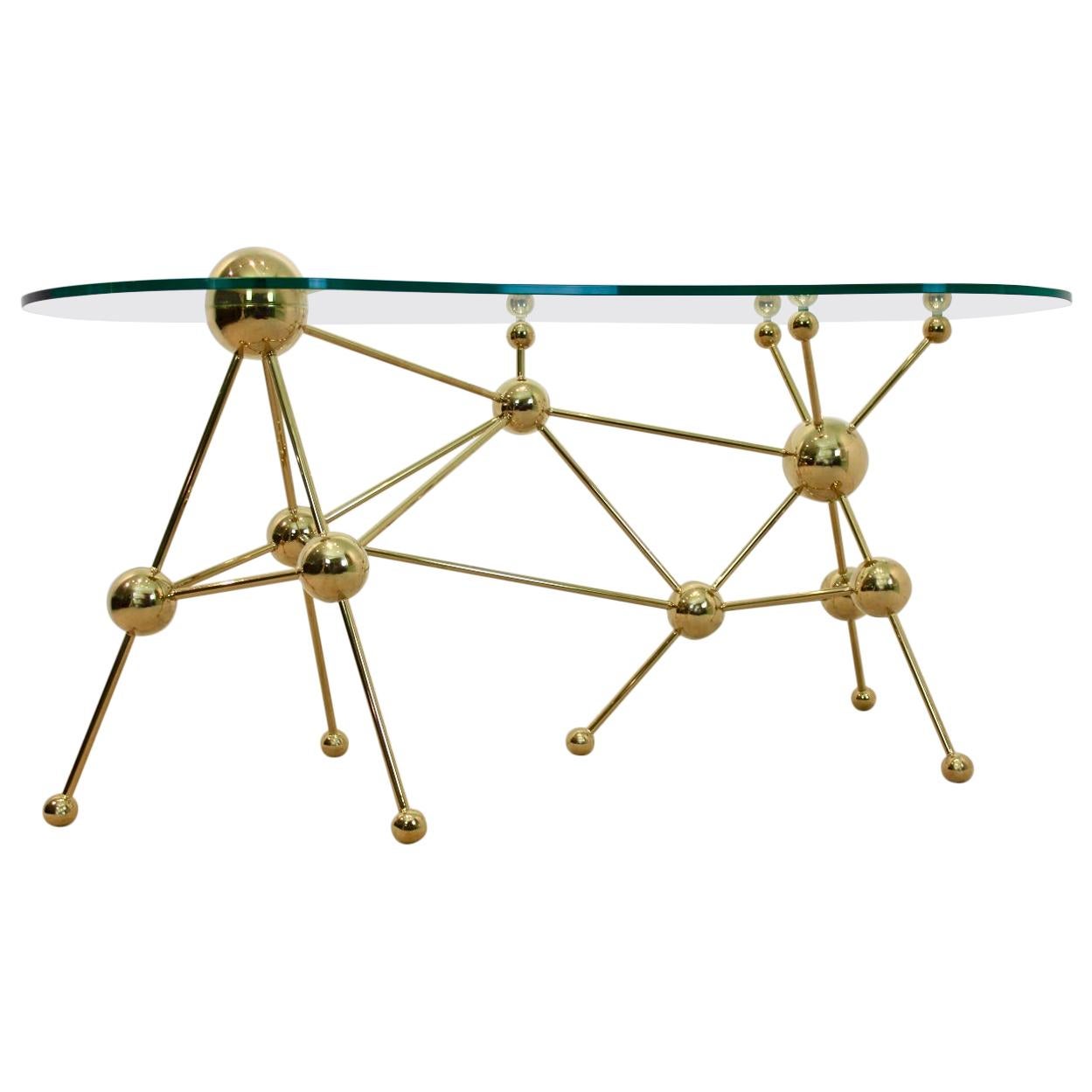 Sputnik Desk or Table with Brass Legs and Glass Top