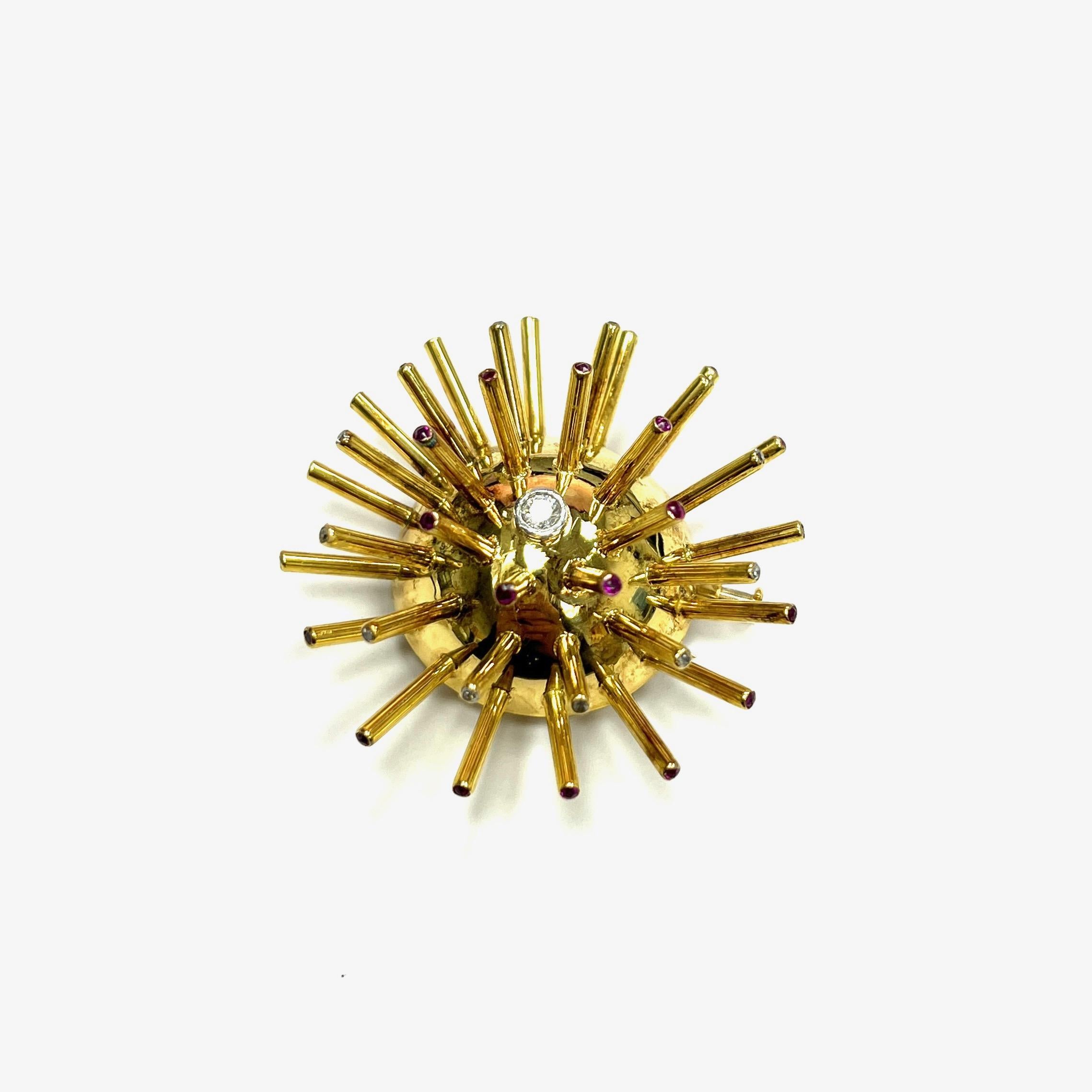 Sputnik Diamond Ruby Yellow Gold Brooch In Excellent Condition For Sale In New York, NY