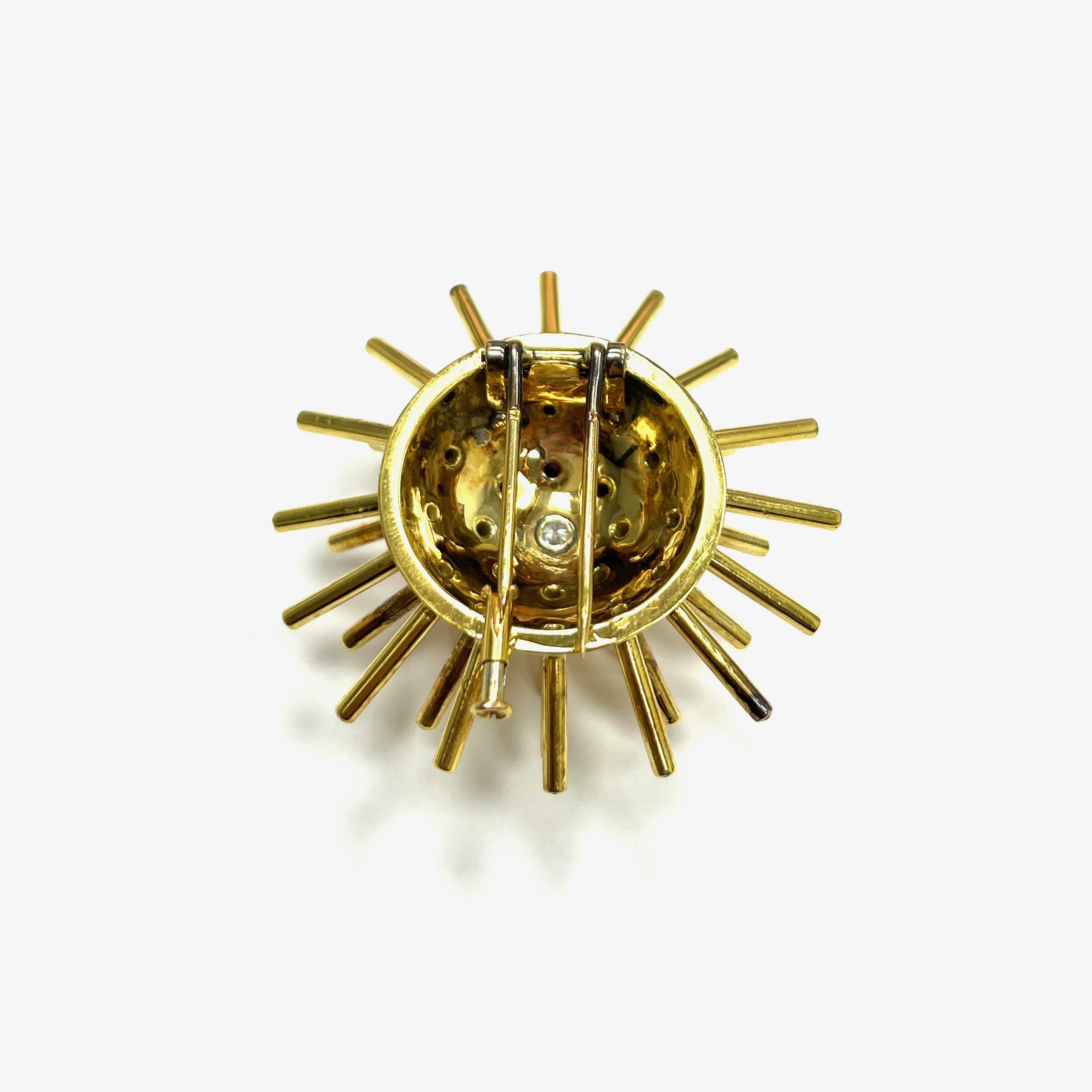 Sputnik Diamond Ruby Yellow Gold Brooch For Sale 1