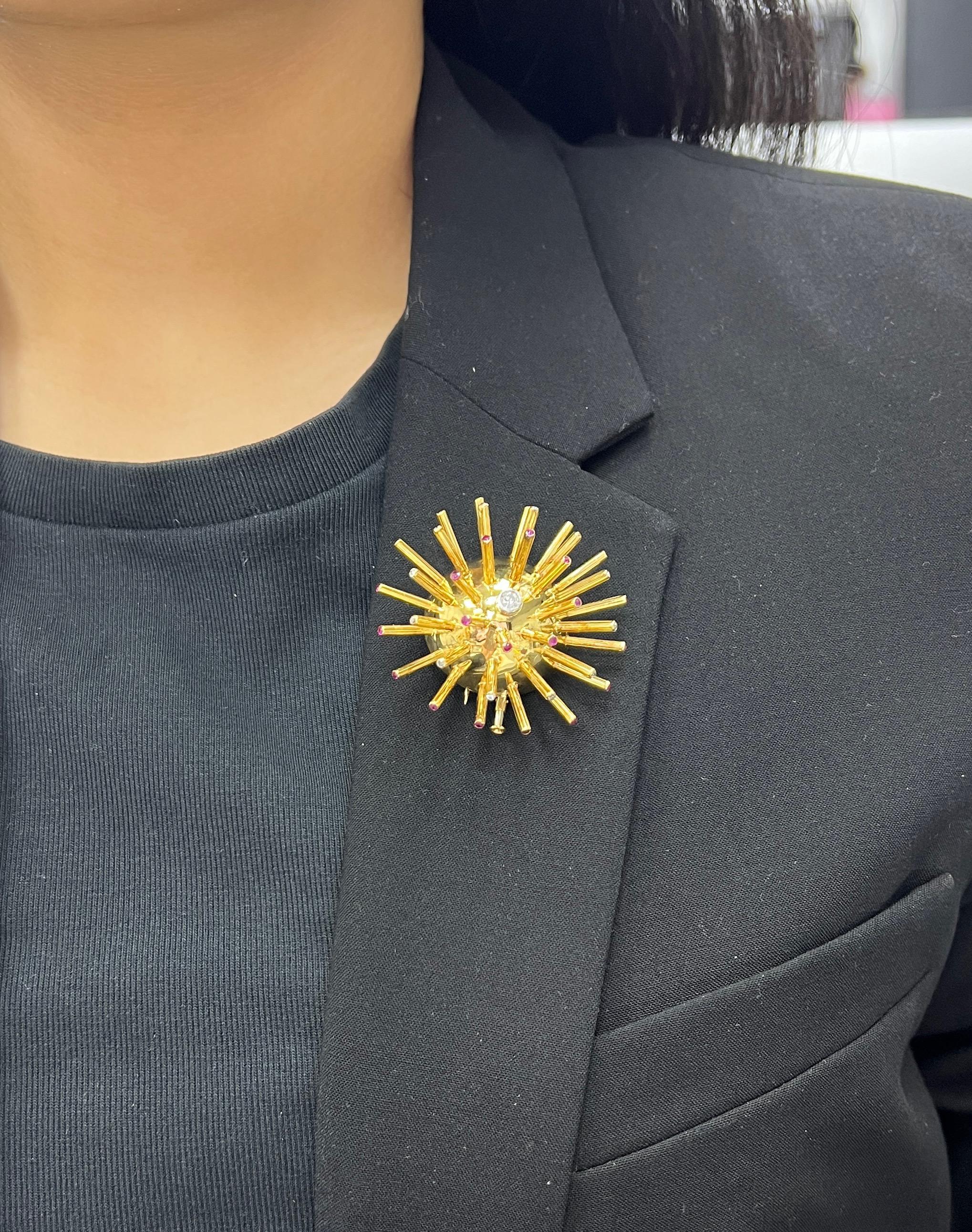 Sputnik Diamond Ruby Yellow Gold Brooch For Sale 2