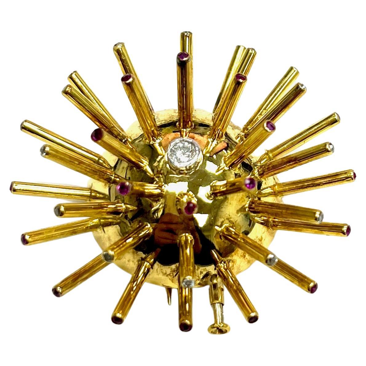 Sputnik Diamond Ruby Yellow Gold Brooch For Sale