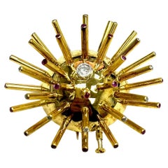 Retro Sputnik Diamond Ruby Yellow Gold Brooch